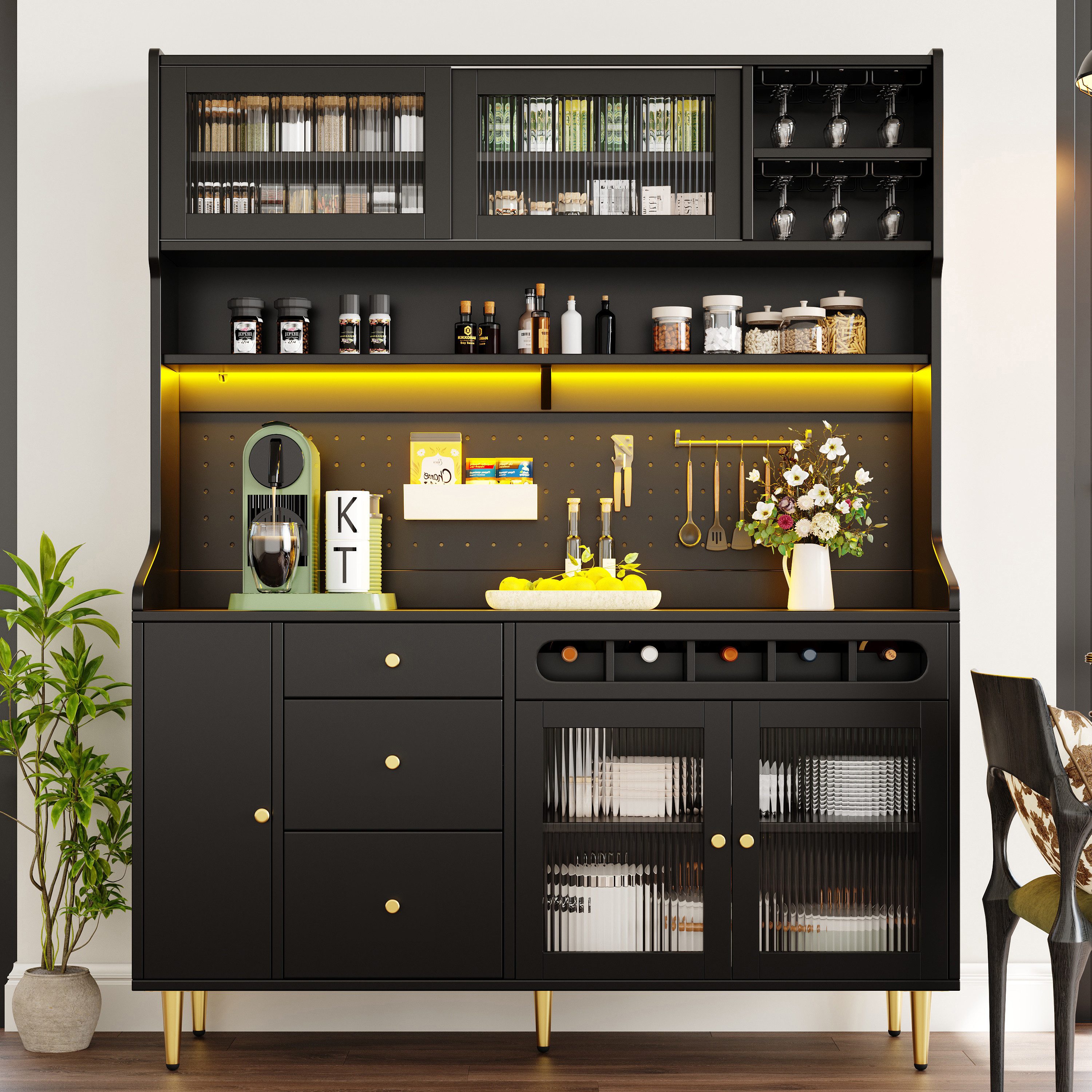 Celya Buffet Hochschrank mit LED und Weinregal (145×39×171cm, mit verstellbaren Einlegeböden) fürs Wohnzimmer, Küchenschrank, Esszimmerschrank