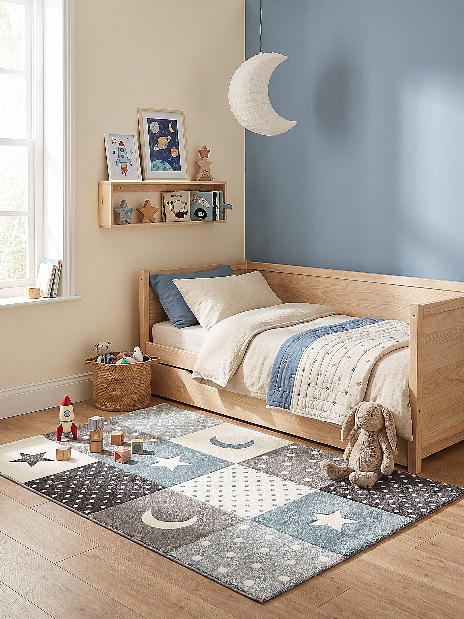 KADIMA DESIGN Kinderteppich IDRO Teppich Kinder Blau 80x150 Sterne Polypropylen Kurzflor, Läufer, Höhe: 14 mm, Saugroboter-geeignet, Strapazierfähig, Farbecht