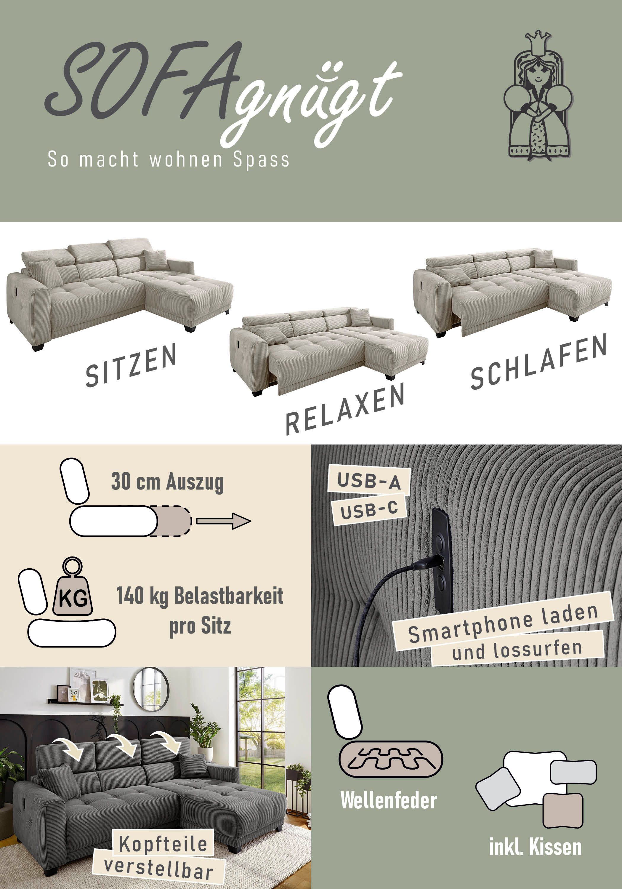 Jockenhöfer Gruppe Ecksofa Cremona L-Form, B: 263 cm, mit 30 cm elektr. Sitztiefenverstellung, 140kg Belastbarkeit je Sitz, Kopfteilverstellung & USB-Anschluss