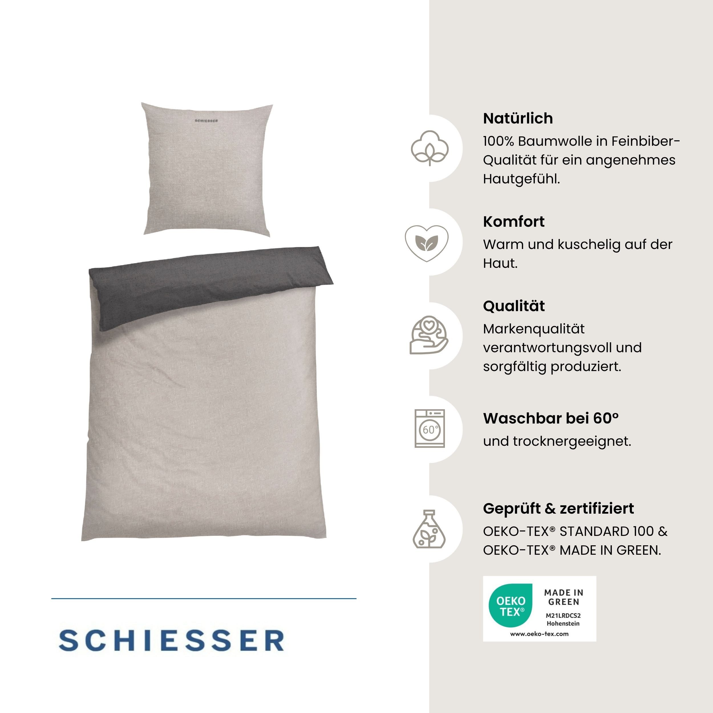Schiesser Wendebettwäsche Doubleface aus weicher Baumwolle mit edlem Melangeeffekt, Feinbiber, 2 teilig, ab Größe 135x200 cm erhältlich, OEKO-TEX® MADE IN GREEN – Bild 2 von 5