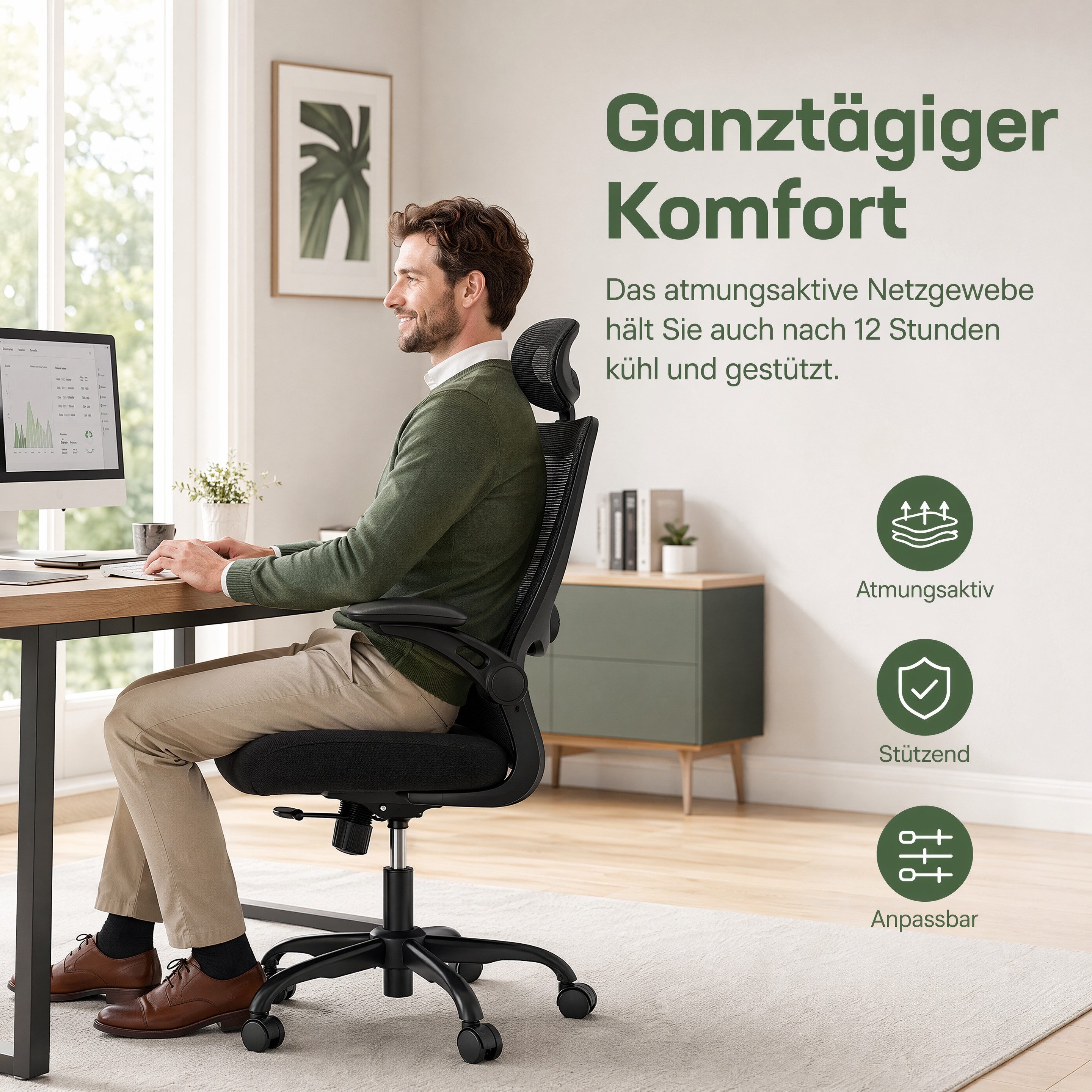 Marsail Bürostuhl Ergonomischer – Schreibtischstuhl Mesh mit 3D-verstellbaren Armlehnen (Dynamischer Lendenstütze, Wippfunktion), TÜV-geprüft, bis 136 kg – Ideal für Homeoffice & Gaming
