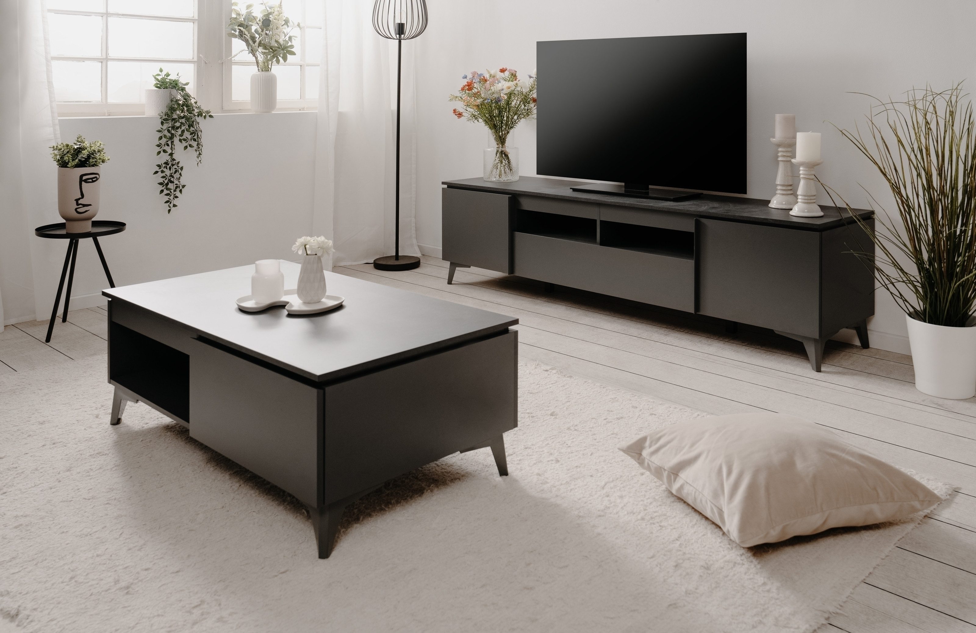 Finori Wohnzimmer-Set in Schiefer dunkel / anthrazit - 177x51,5x40cm (BxHxT), (Set besteht aus Bertrix Couchtisch 55C und Bertrix 56A TV-Board)