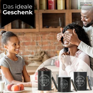 IDEALTASTIC Vorratsdose Premium Set Kaffeedose luftdicht 500g, Zuckerdose & Mehl Aufbewahrung, Stahl, (Luftdicht für mehr Frische, Vorratsdosen-Set [3 Stück je 500g), Kaffee Aufbewahrung I Mehldose & Zucker Behälter