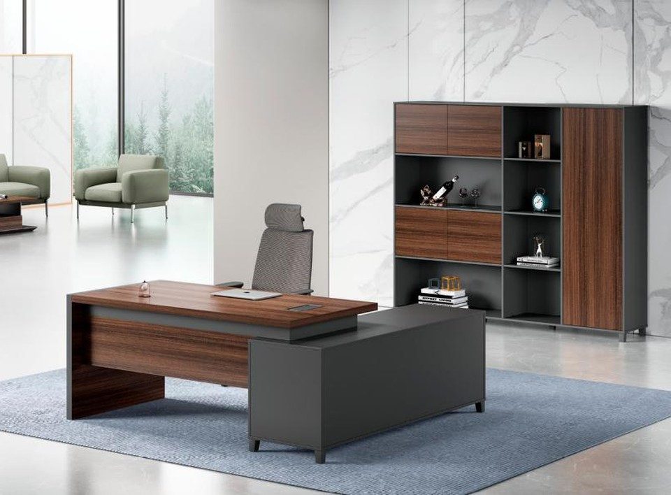 Büromöbel-Set Grau-braune Arbeitszimmer Garnitur mit Büroschrank und Tisch