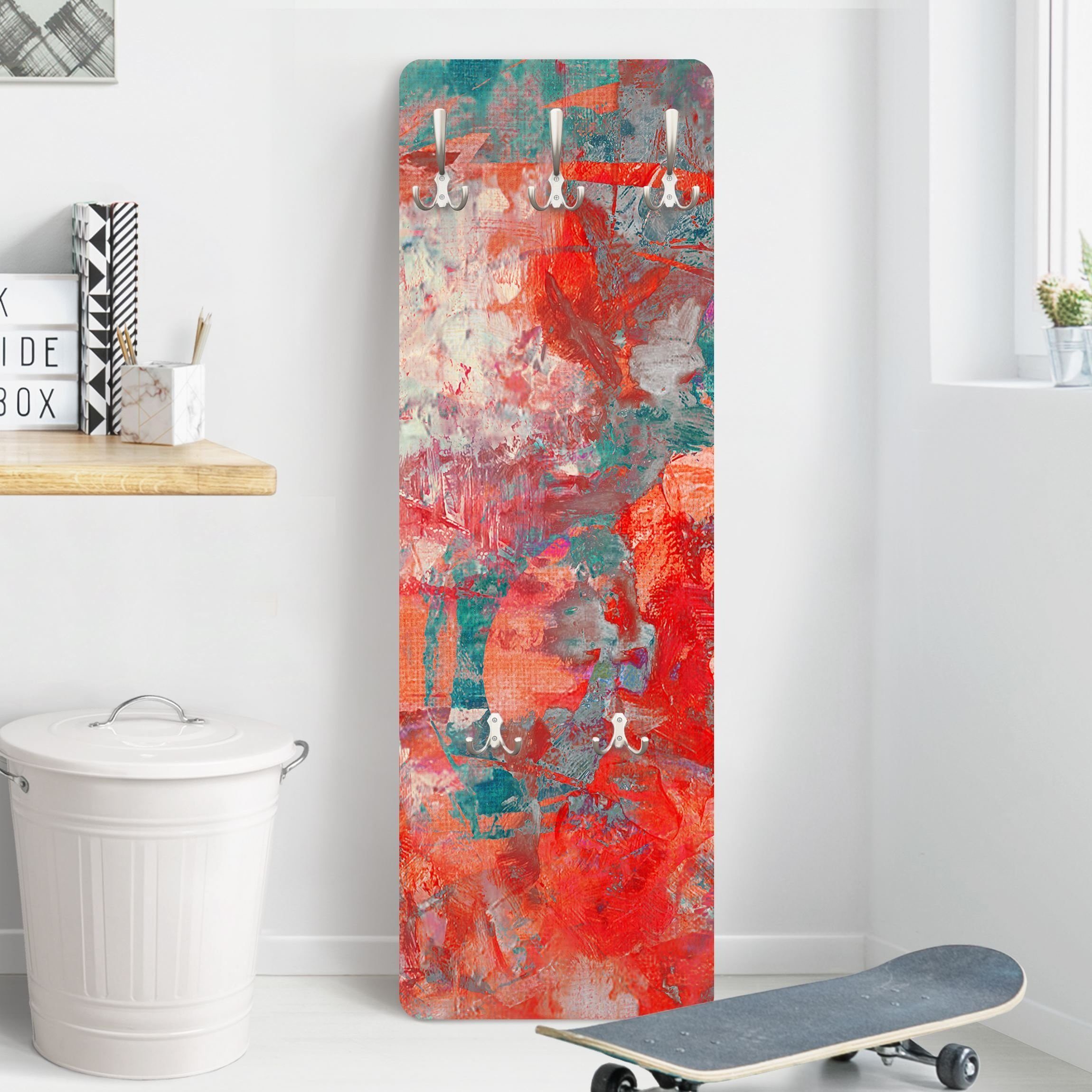 Bilderdepot24 Garderobenpaneel rot Abstrakt Kunst Roter Feuertanz Design (ausgefallenes Flur Wandpaneel mit Garderobenhaken Kleiderhaken hängend), moderne Wandgarderobe - Flurgarderobe im schmalen Hakenpaneel Design