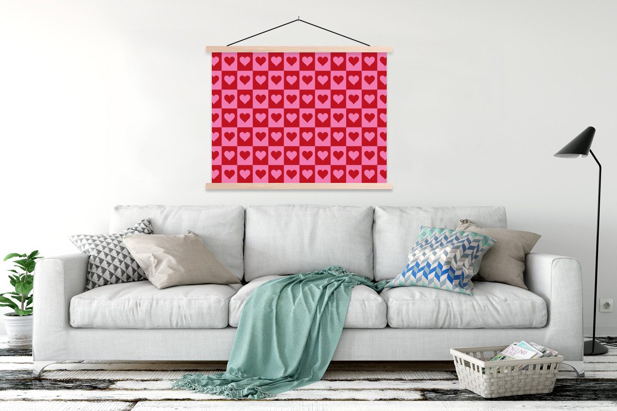 MuchoWow Poster Rot - Rosa - Schachbrett - Valentinstag, (1 St), Magnetische Posterleiste, Holzleisten, Textilposter, 120x90 cm