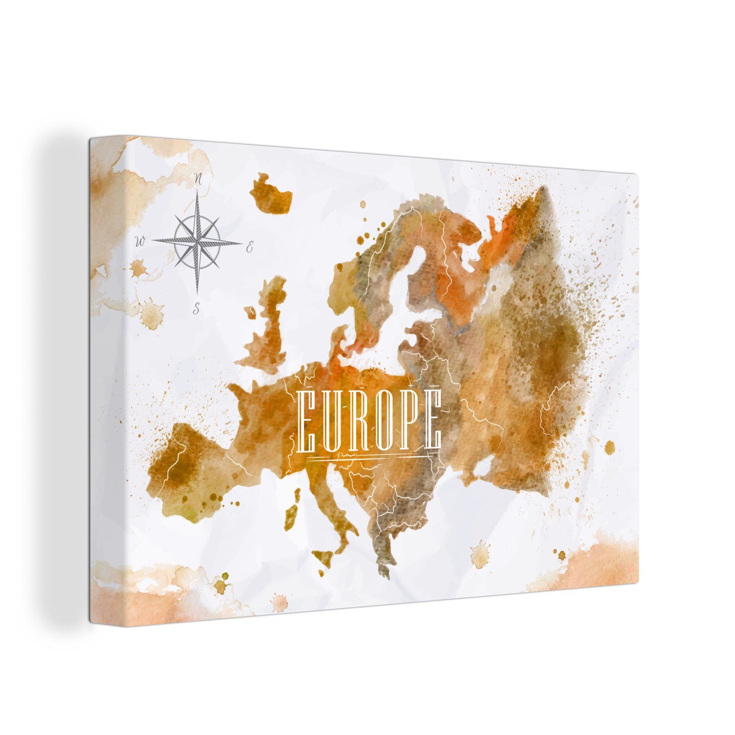 OneMillionCanvasses® Leinwandbild Europa - Farbe - Weltkarte, (1 St), Wandbild Leinwandbilder, Aufhängefertig, Wanddeko, 30x20 cm