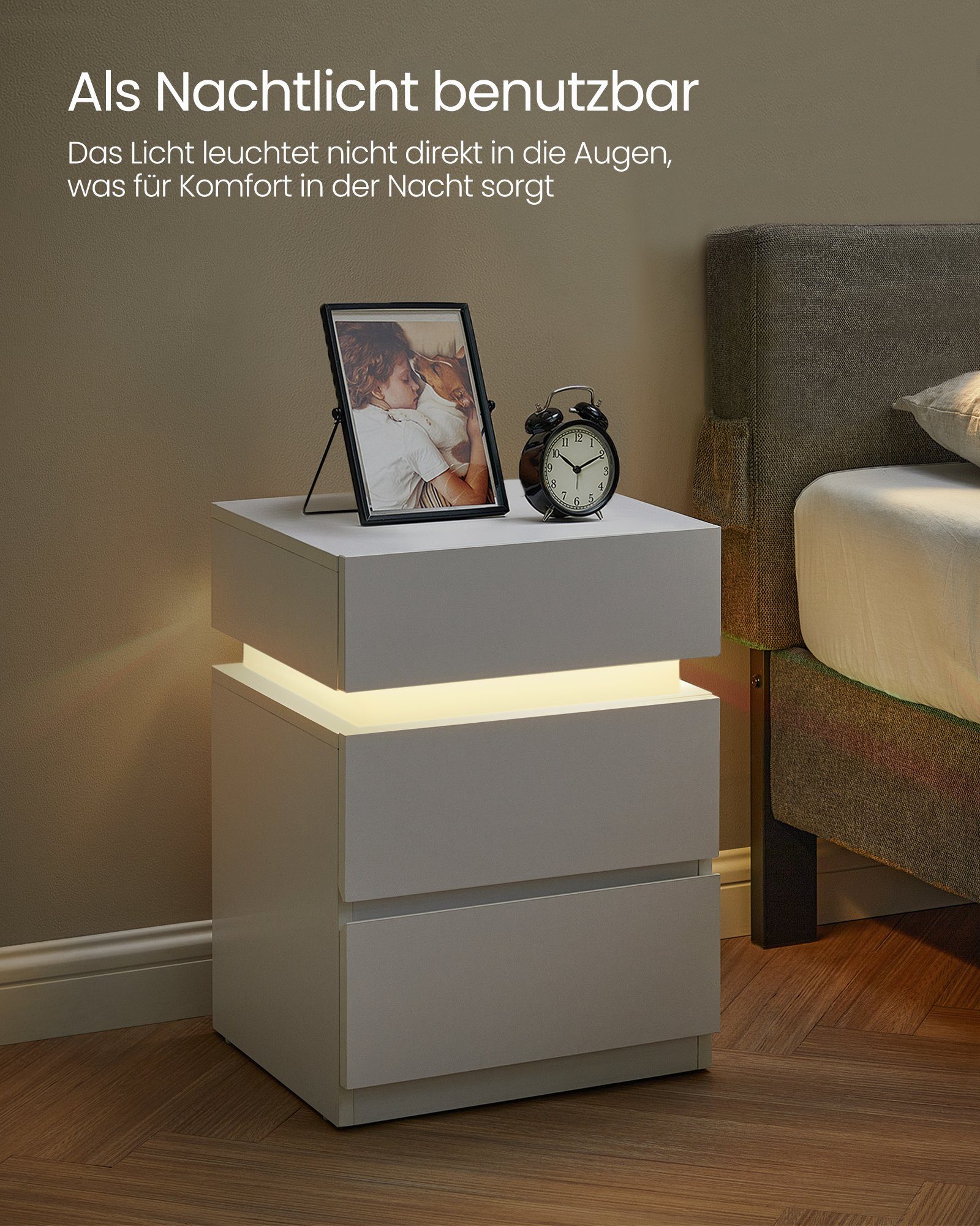 VASAGLE Nachttisch 1/2er Set Beistelltisch mit Steckdosen, 3 Schubladen (2-St), 40 x 35 x 55 cm, LED-Beleuchtung, modern, Schiebedeckel, kleiner Tisch – Bild 5 von 5