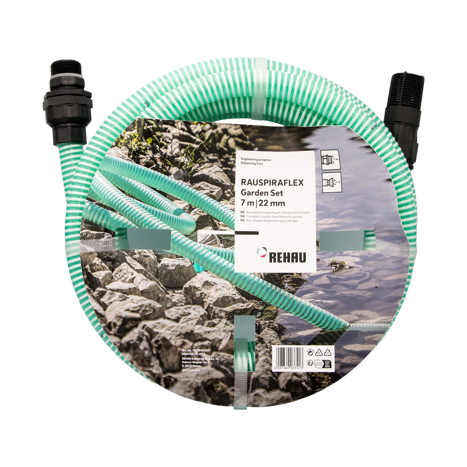 Rehau Spiralschlauch Saugschlauch Grün 7 m Ø 22 mm mit Armatur für Gartenpumpe