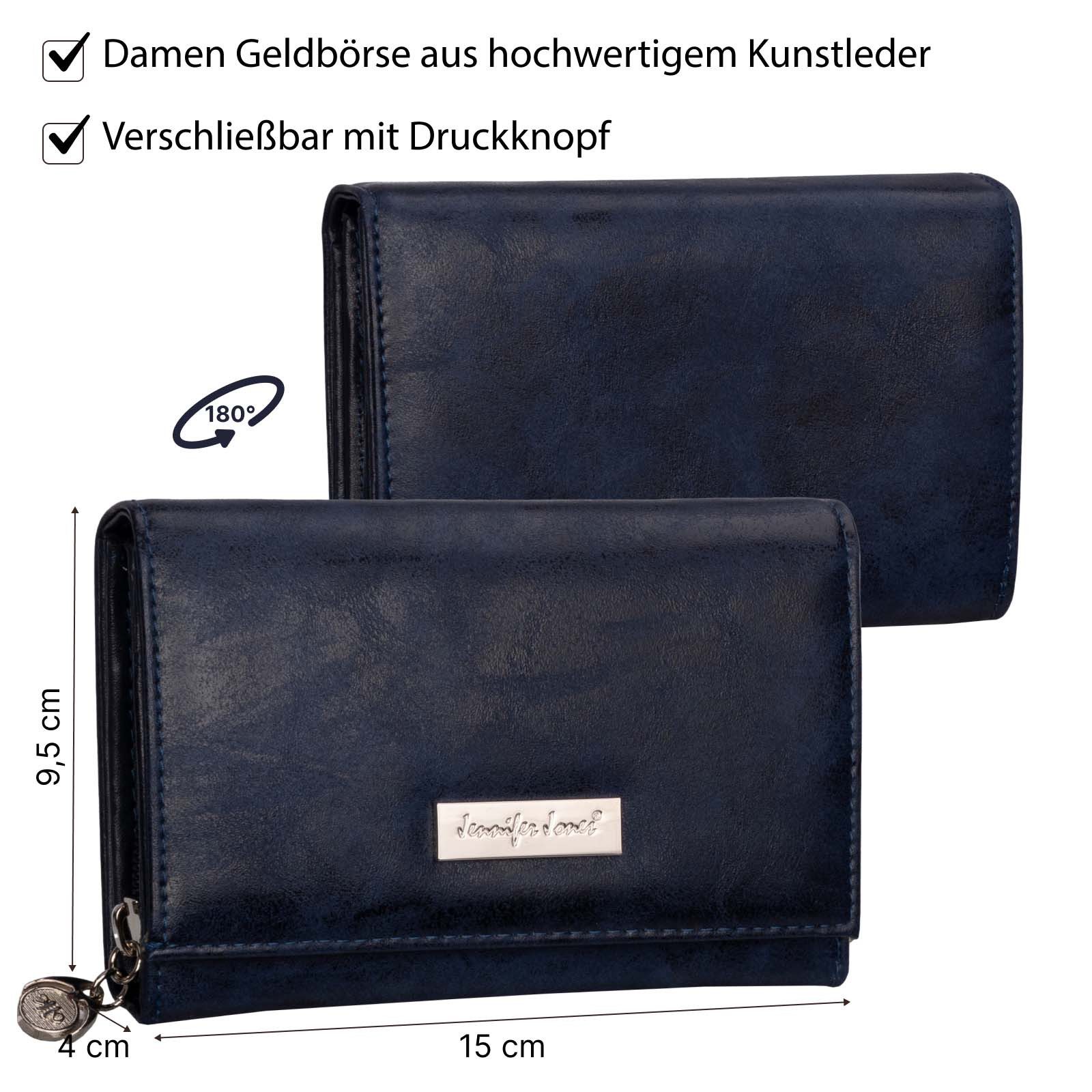 Jennifer Jones Geldbörse JENNIFER JONES Damen Geldbörse Portemonnaie Blau, Damen Geldbörse klappbar mit Reißverschluss Portemonnaie Geldbeutel