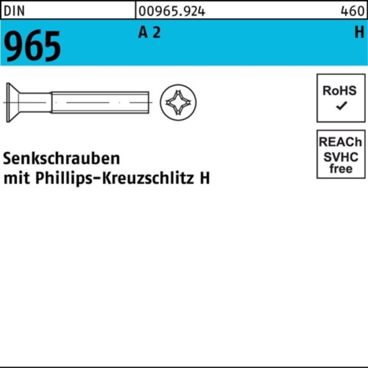 Reyher Senkschraube 200er Pack Senkschraube DIN 965 PH M6x 60-H A 2 200 Stück DIN 965 A 2