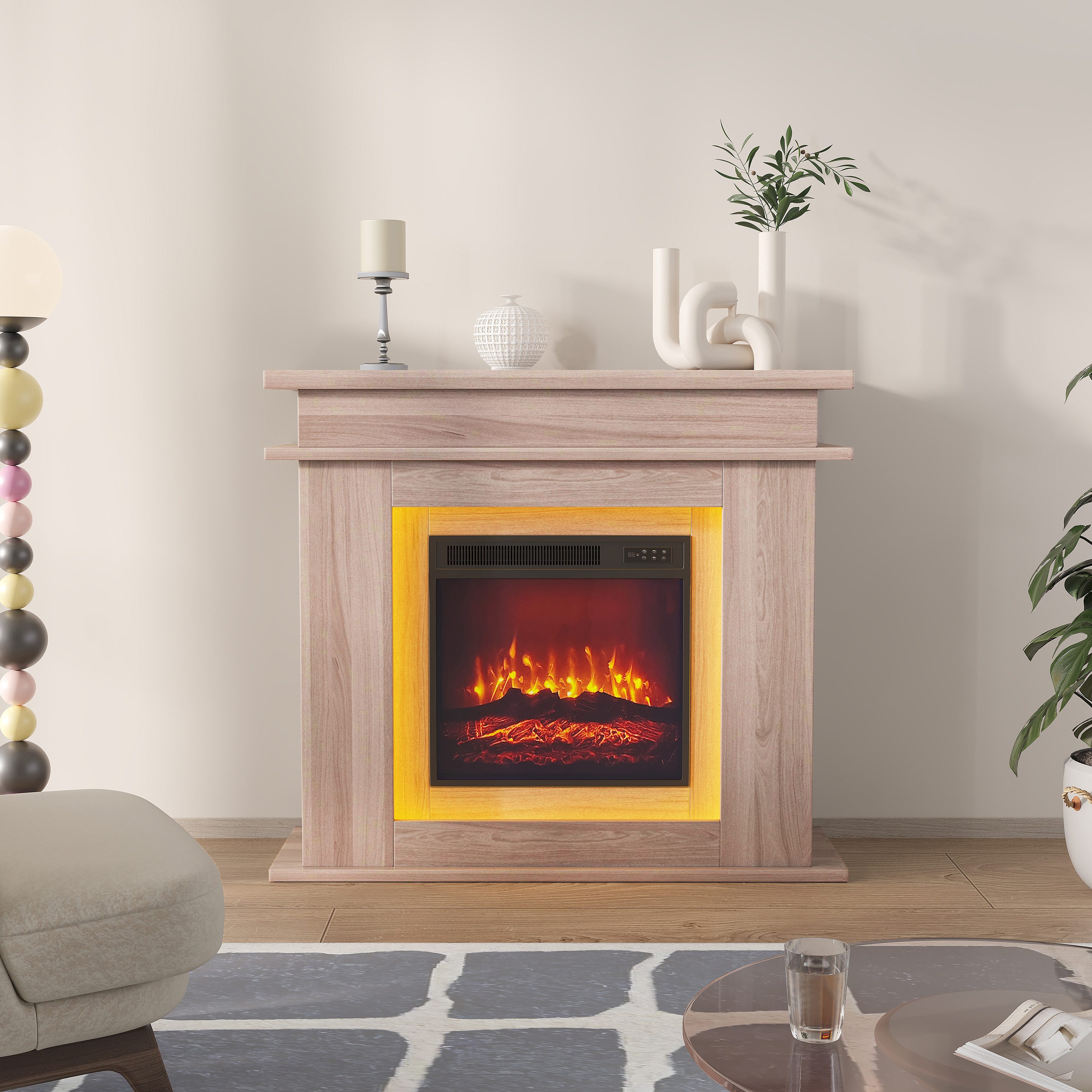 zebery Elektrokamin Kaminumbauschrank Kaminkonsole LED - 3D Flammeneffekt mit Farbwechsel, mit Heizung,Eichenfarbe