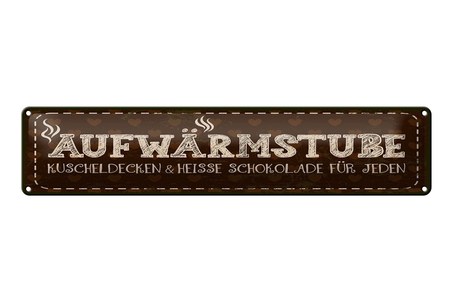 Femer GmbH Metallschild Spruch 46x10 cm Aufwärmstube Kuscheldecken und Heiße Schoko, (1 St), gewölbte Oberfläche, abgerundete Ecken, umgeschlagene Kanten