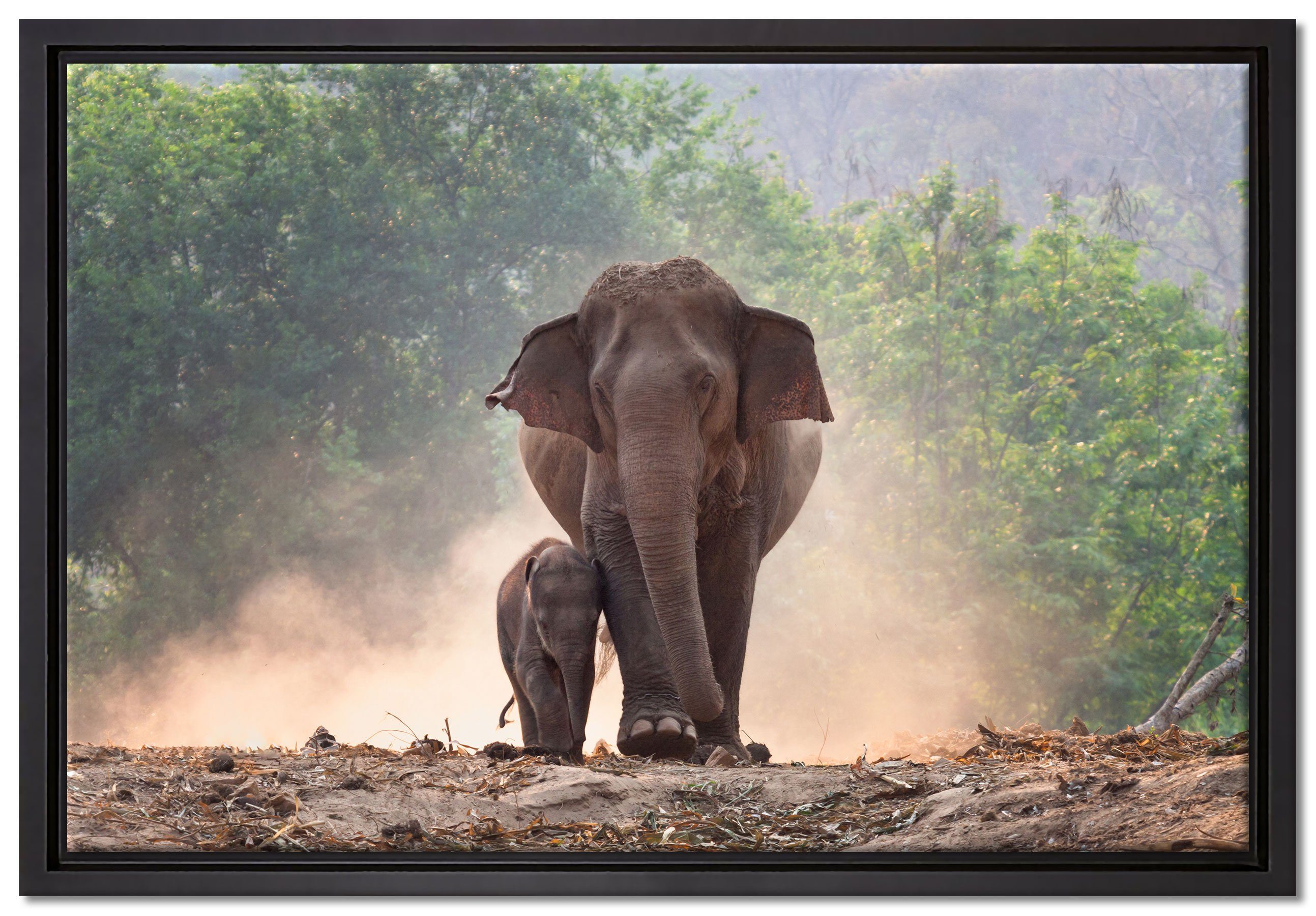 Pixxprint Leinwandbild Elefantenbaby mit Mutter, Wanddekoration (1 St), Leinwandbild fertig bespannt, in einem Schattenfugen-Bilderrahmen gefasst, inkl. Zackenaufhänger