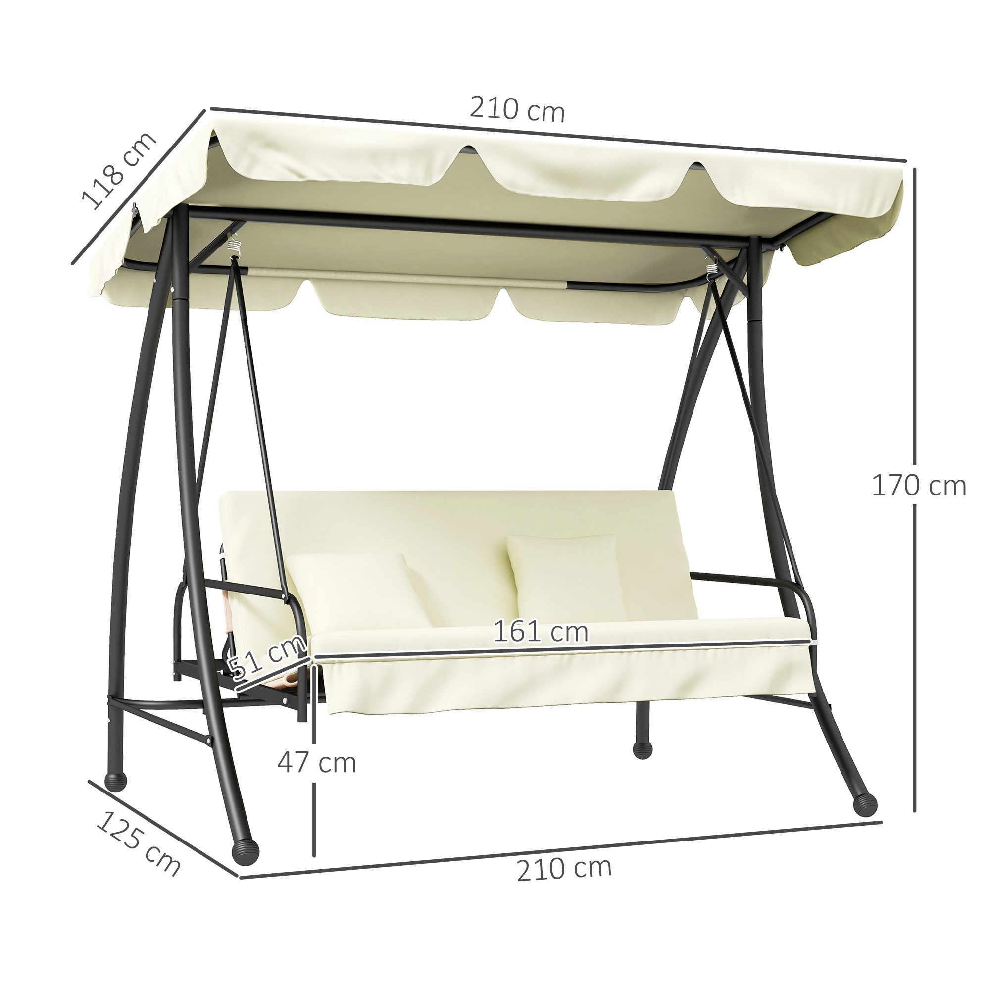 Outsunny Hollywoodschaukel 2 in 1 mi Liegefunktion, verstellbarem Sonnendach, belastbar bis 240kg, 3-Sitzer, Bettfunktion, 3-Sitzer Gartenschaukel, 1 tlg., Schaukelbank, für Garten, Terrasse, 200x125x170 cm, Cremeweiß