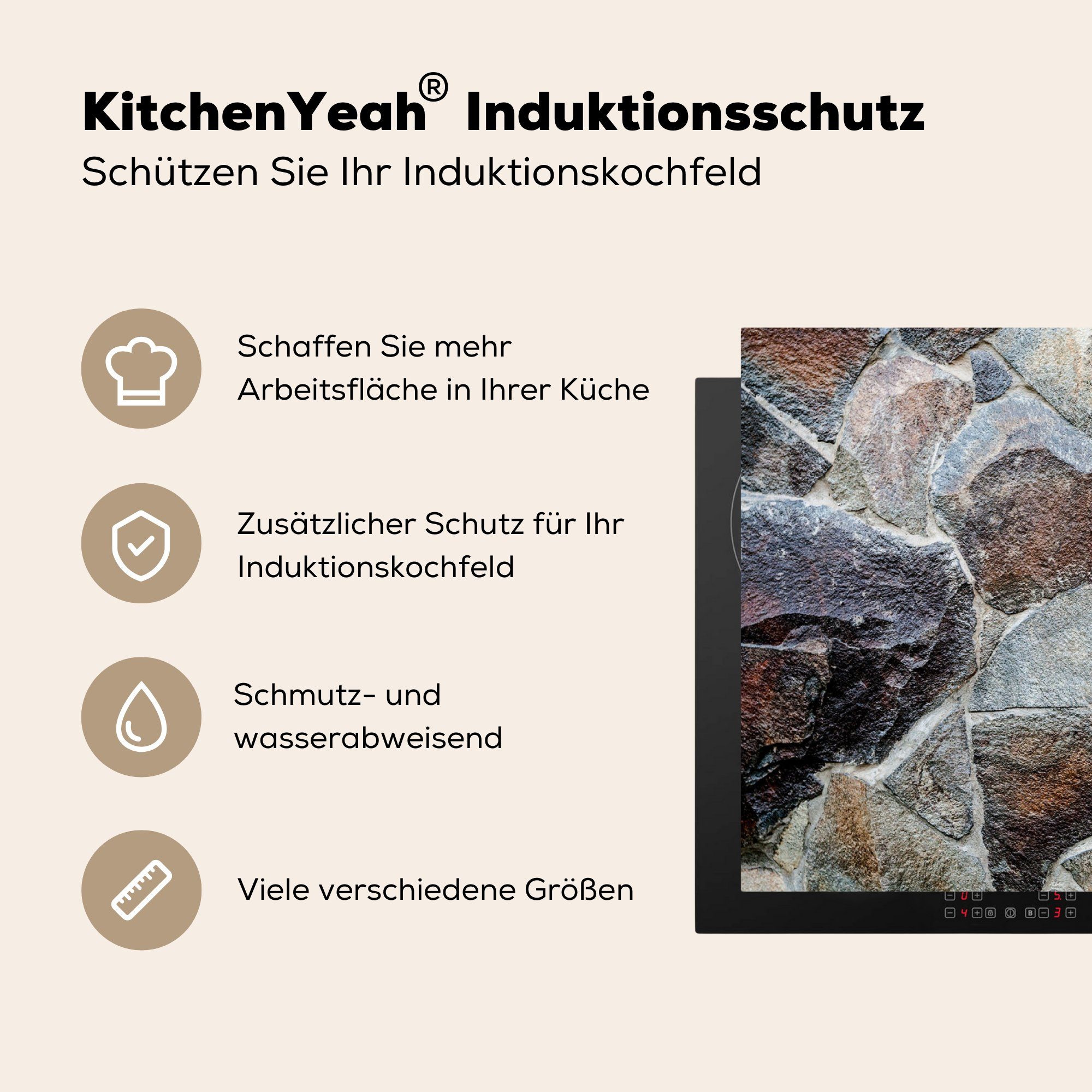 Felsbrocken - tlg), für Ceranfeldabdeckung, Vinyl, Stein küche cm, Natur, Herdblende-/Abdeckplatte - MuchoWow (1 Arbeitsplatte 83x51
