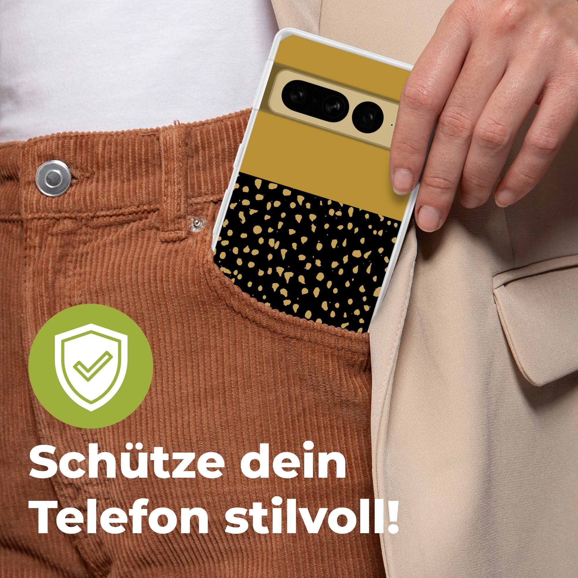 MuchoWow Handyhülle für Google Pixel 7 Pro Polka dots - Ockergelb - Schwarz, Phone Case, Silikon, Schutzhülle Dünn