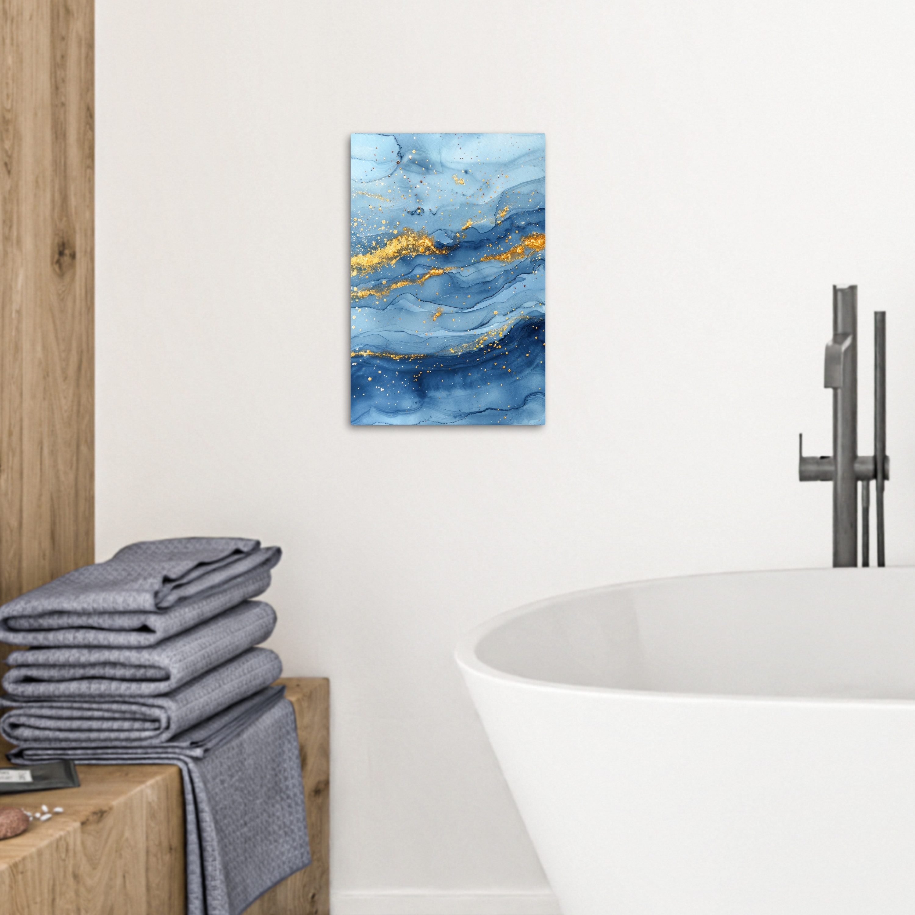 OneMillionCanvasses® Leinwandbild Aquarell - Blau - Kunst - Gold - Luxus - Modern, Fotodruck (1 St), Badezimmer Deko, Bilder WC, Toilette Wanddeko 20x30 cm