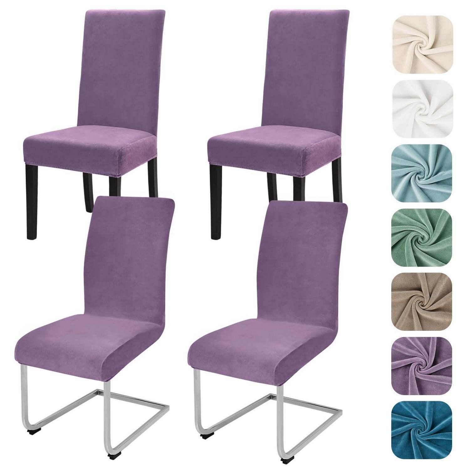 LuxusKollektion Stuhlbezug Stuhlhussen Stretch Samt elastisch waschbar Graulila 4 Stück