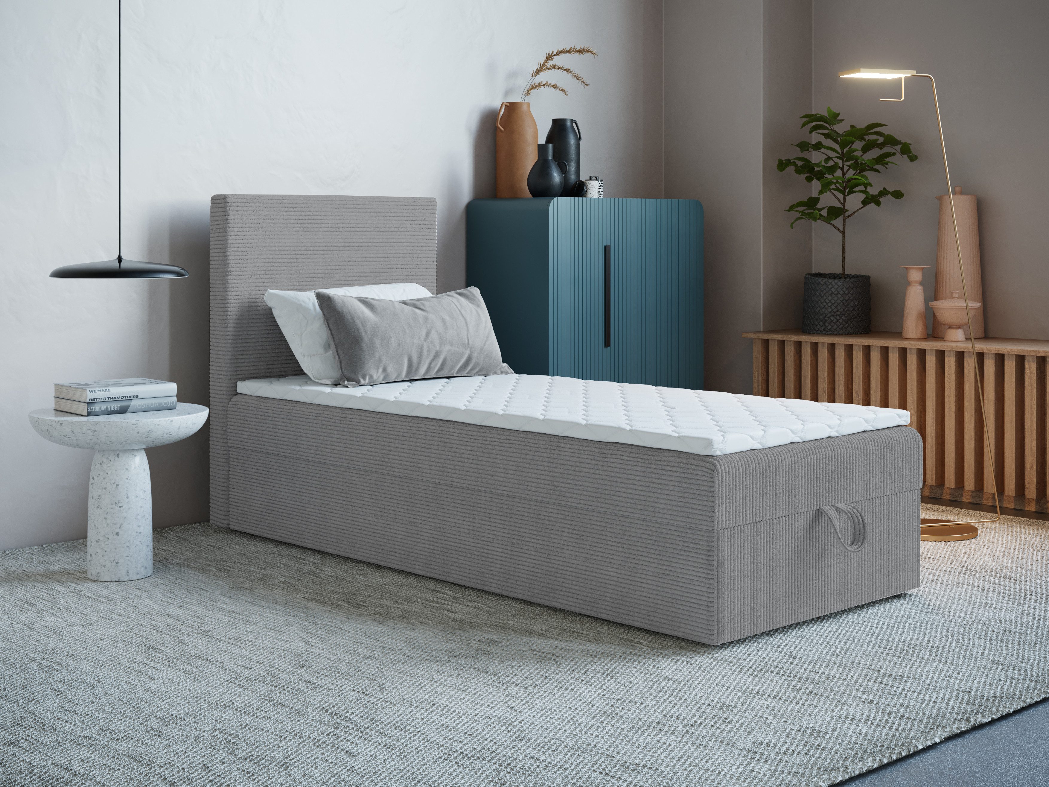 Godre Boxspringbett mit Bettkasten ARES MINI 60x180 cm - Topper T-25 (Bett + Matratze + Topper), Bett mit einem Kasten