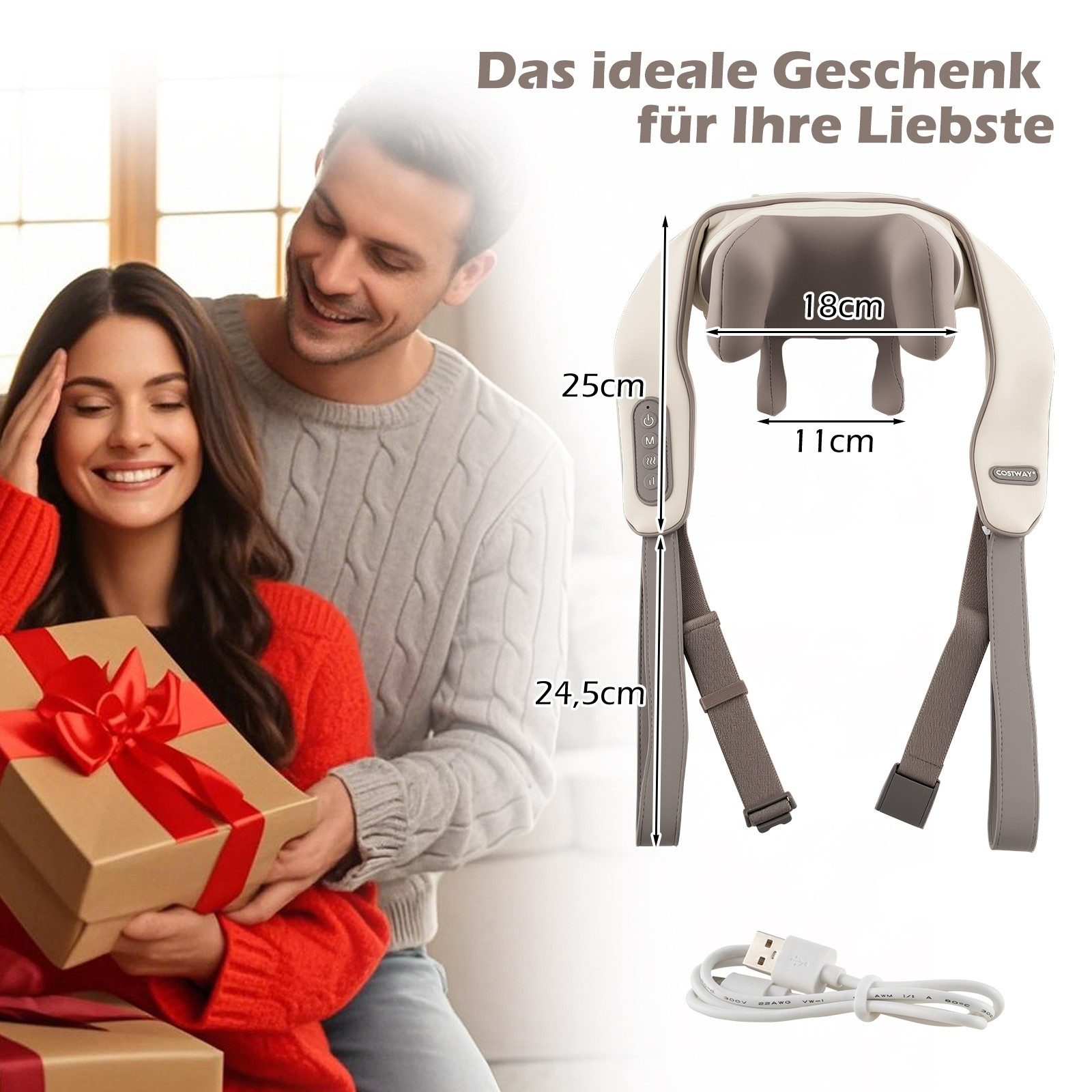 COSTWAY Nacken-Massagegerät, 4D Shiatsu mit Tiefengewebekneten & 2 Heizstufen