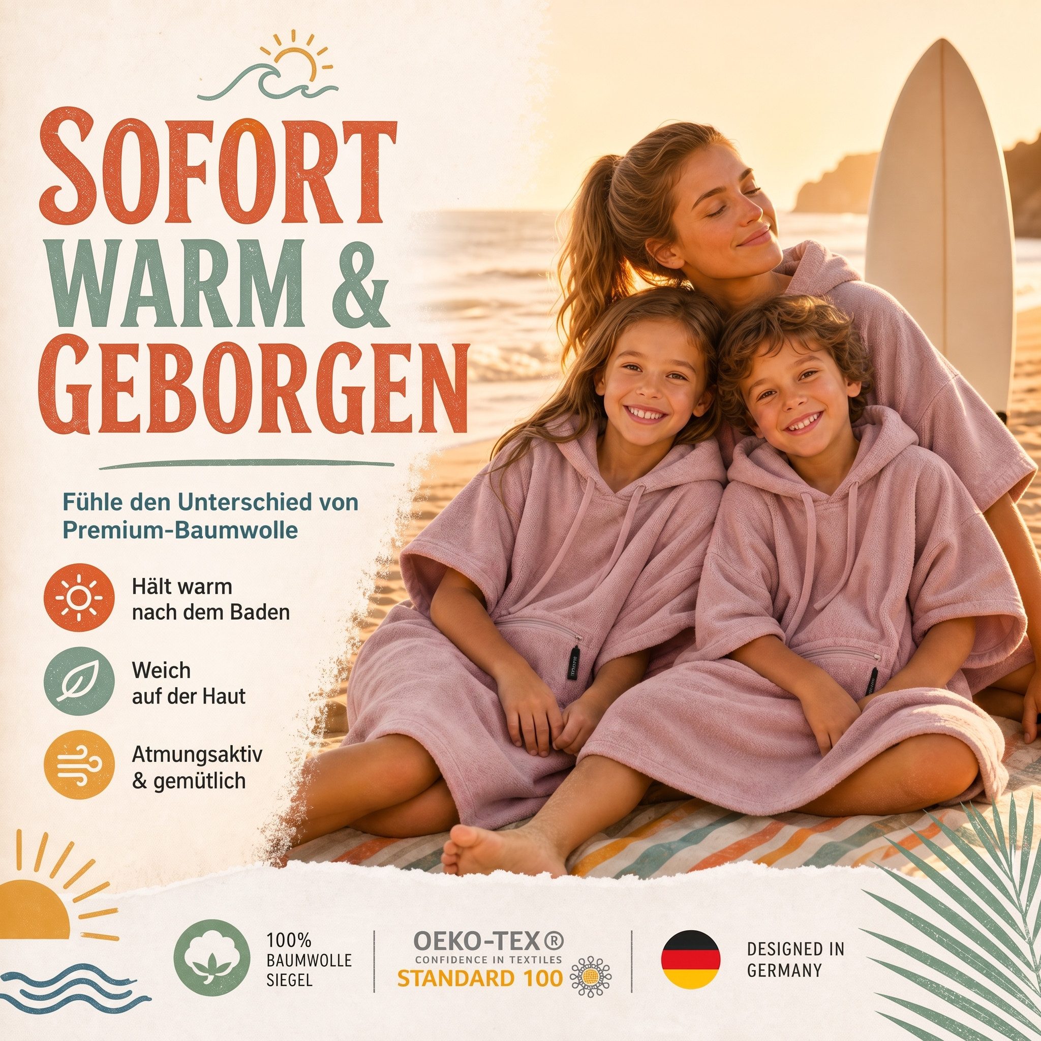 SIEGENTHAL Badetücher SIEGENTHAL® Strandponcho für Damen, Herren & Kinder aus Baumwolle, Integrierte Reißverschlusstasche für Wertsachen