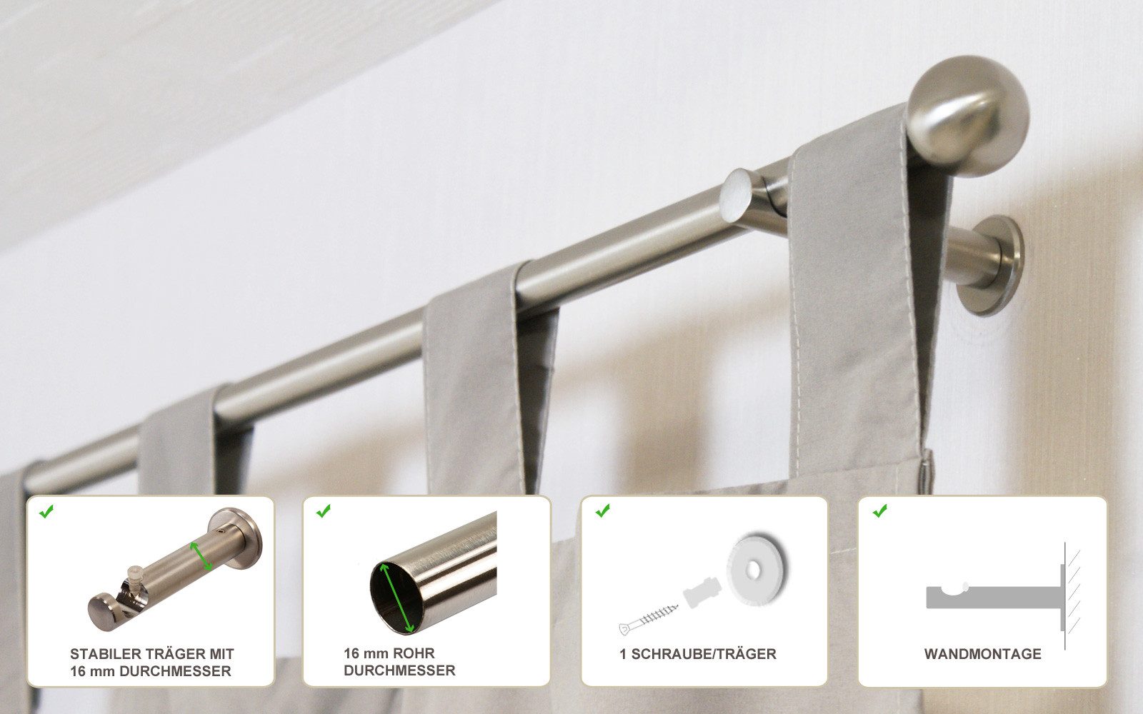 iso-design Gardinenstange Farbe Edelstahl Wandmontage 16 günstig online kaufen