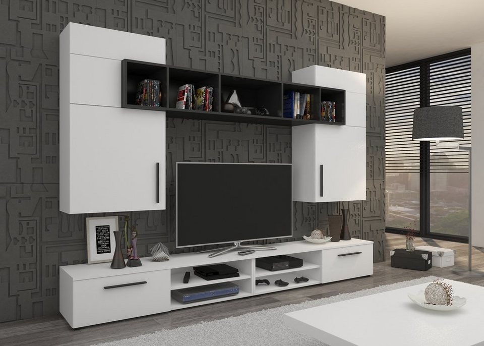 Wohnwand Rumba Anbauwand Wohnkombi Wohnzimmer Weiss matt ... oder 21,00 € mtl. ... Die Wohnwand Rumba vereint elegantes Design zum erschwinglichen Preis