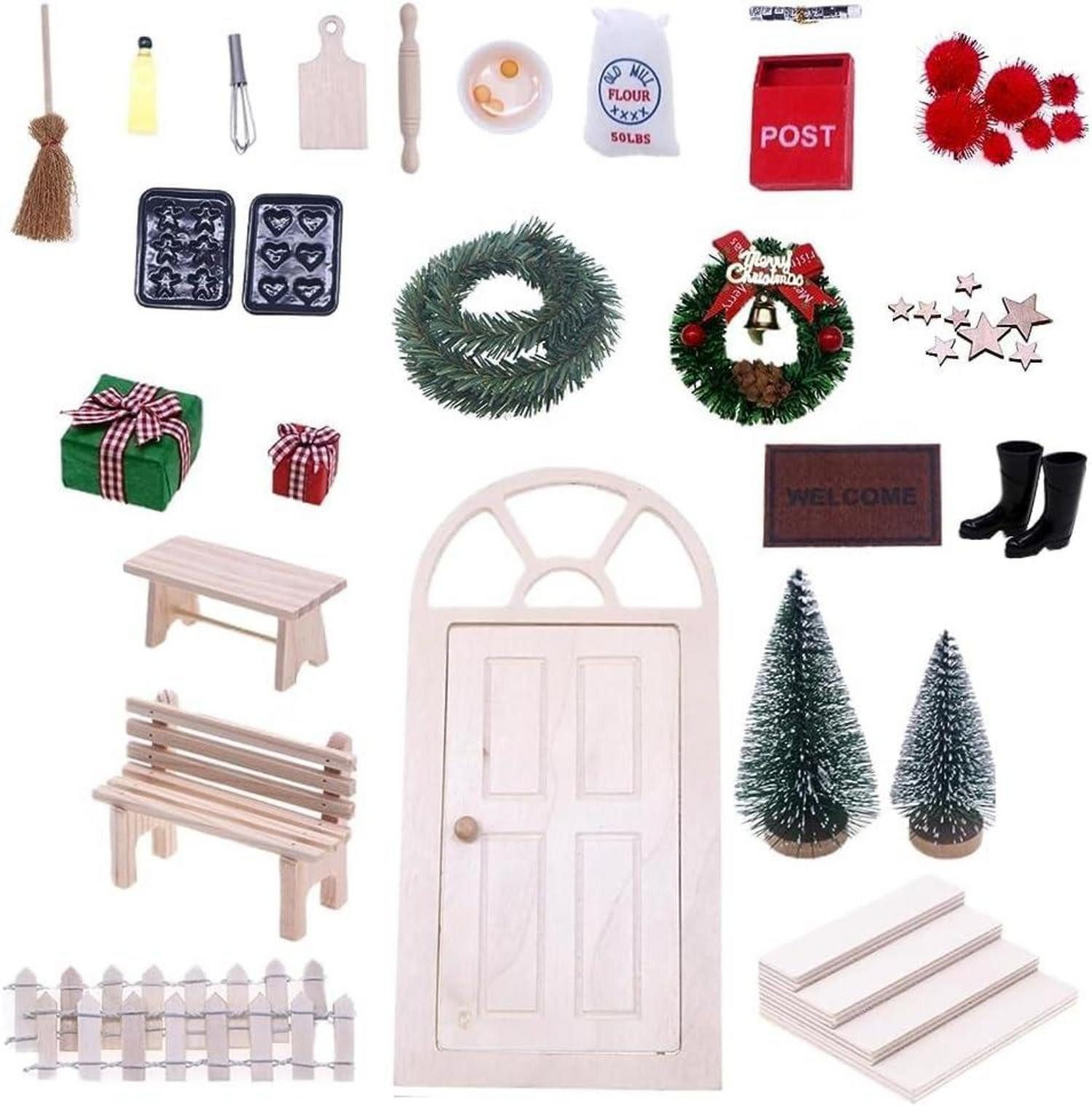 Back-Set Wichteltür Zubehör Weihnachten Set Holz Miniatur Briefkästen Kranz