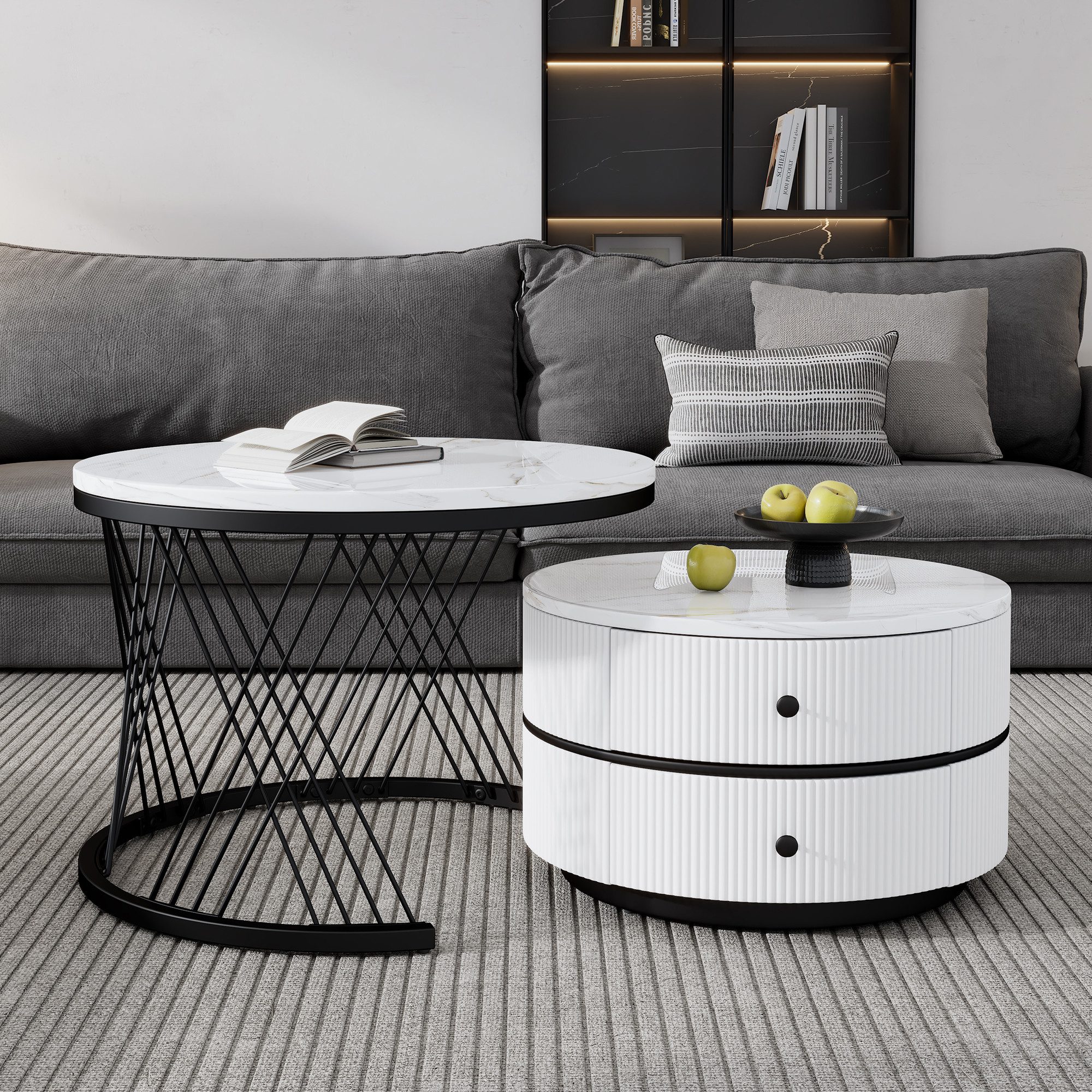REDOM Couchtisch 2er-Set 60x60x46 cm, Weiß, mit 2 Schubladen (Sofatisch, Wohnzimmertisch, 2-St., 60*60*46cm & 50*50*30.8cm), mit 2 Schubladen, hochglänzender Marmoroptik
