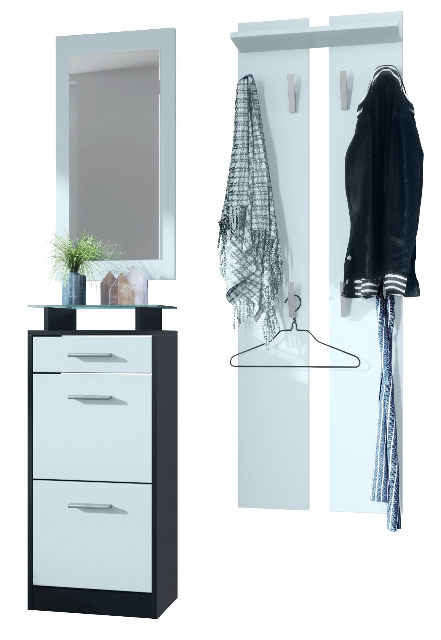Vladon Garderoben-Set Loret, (Garderobe Set bestehend aus 1 Schuhschrank,  3-St., 1 Wandspiegel, 2 Garderobenpaneele), Schwarz matt/Weiß matt (140 x  23 x 200 cm)