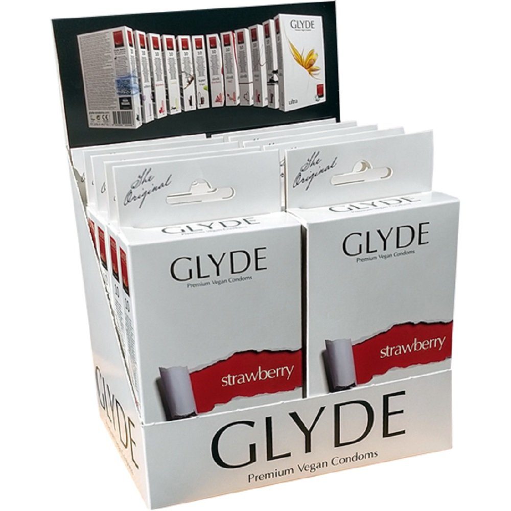 Glyde Kondome Glyde Ultra, 10x10 vegane Kondome Spar-Set, Sorte: Strawberry, Zertifiziert mit der Veganblume, Gefühlsecht & Reißfest, rot gefärbt und mit natürlichem Erdbeer-Aroma