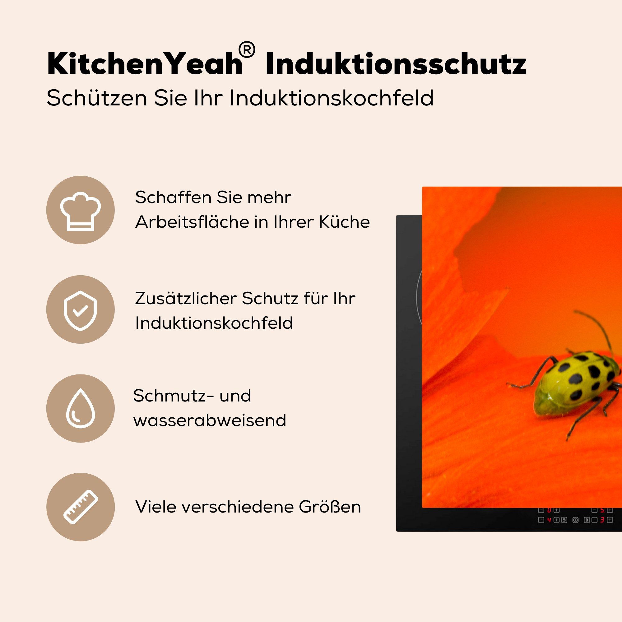 tlg), Blüte, 83x51 Ceranfeldabdeckung, orangefarbener Vinyl, für Herdblende-/Abdeckplatte Arbeitsplatte Käfer küche (1 auf cm, MuchoWow Gefleckter