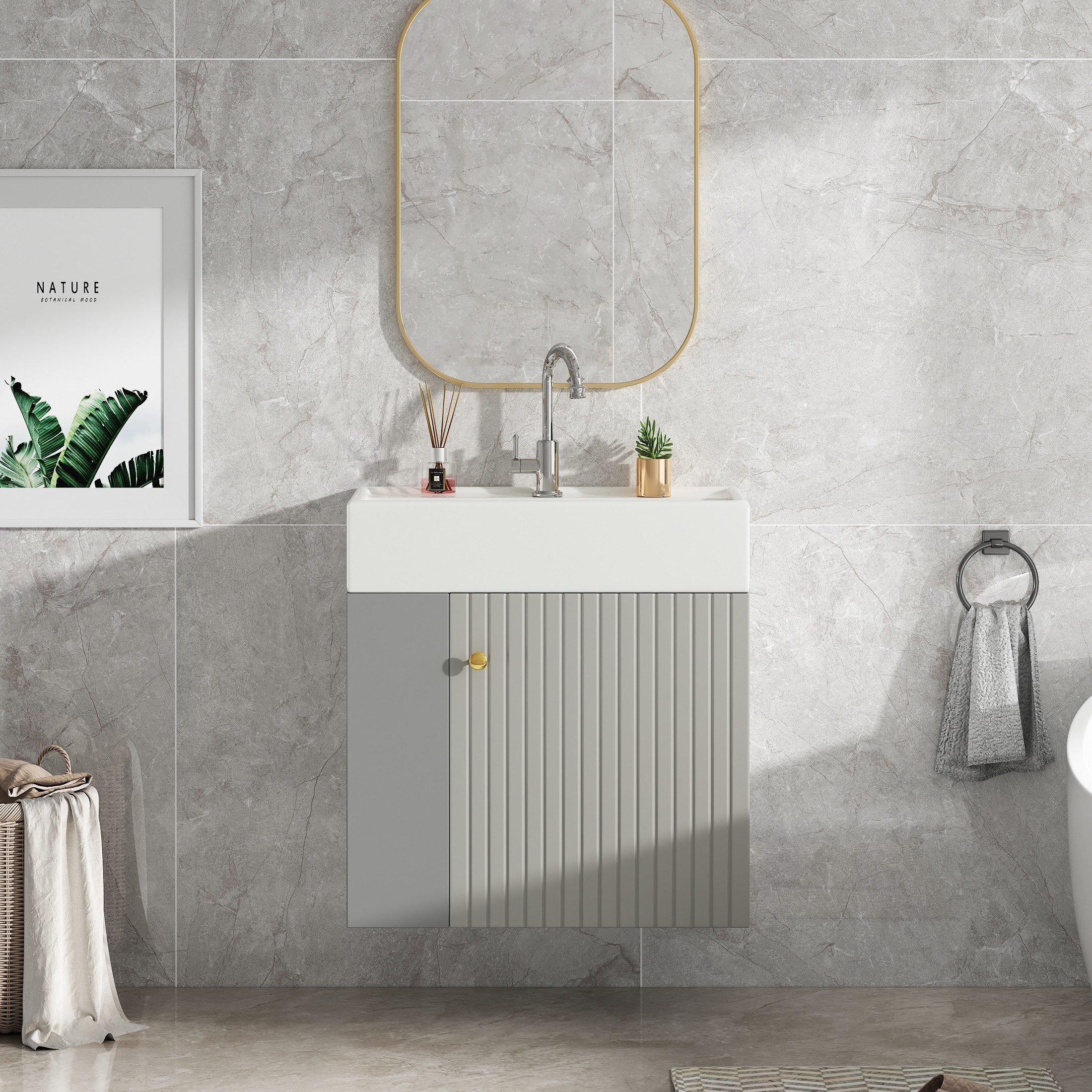 IDEASY Waschtisch Waschbecken mit Waschtischunterschrank 55 cm, Kleine Gästebadmöbel, Badezimmermöbel, Waschtischunterschrank hängend hellgrau/Weiß – Bild 3 von 5