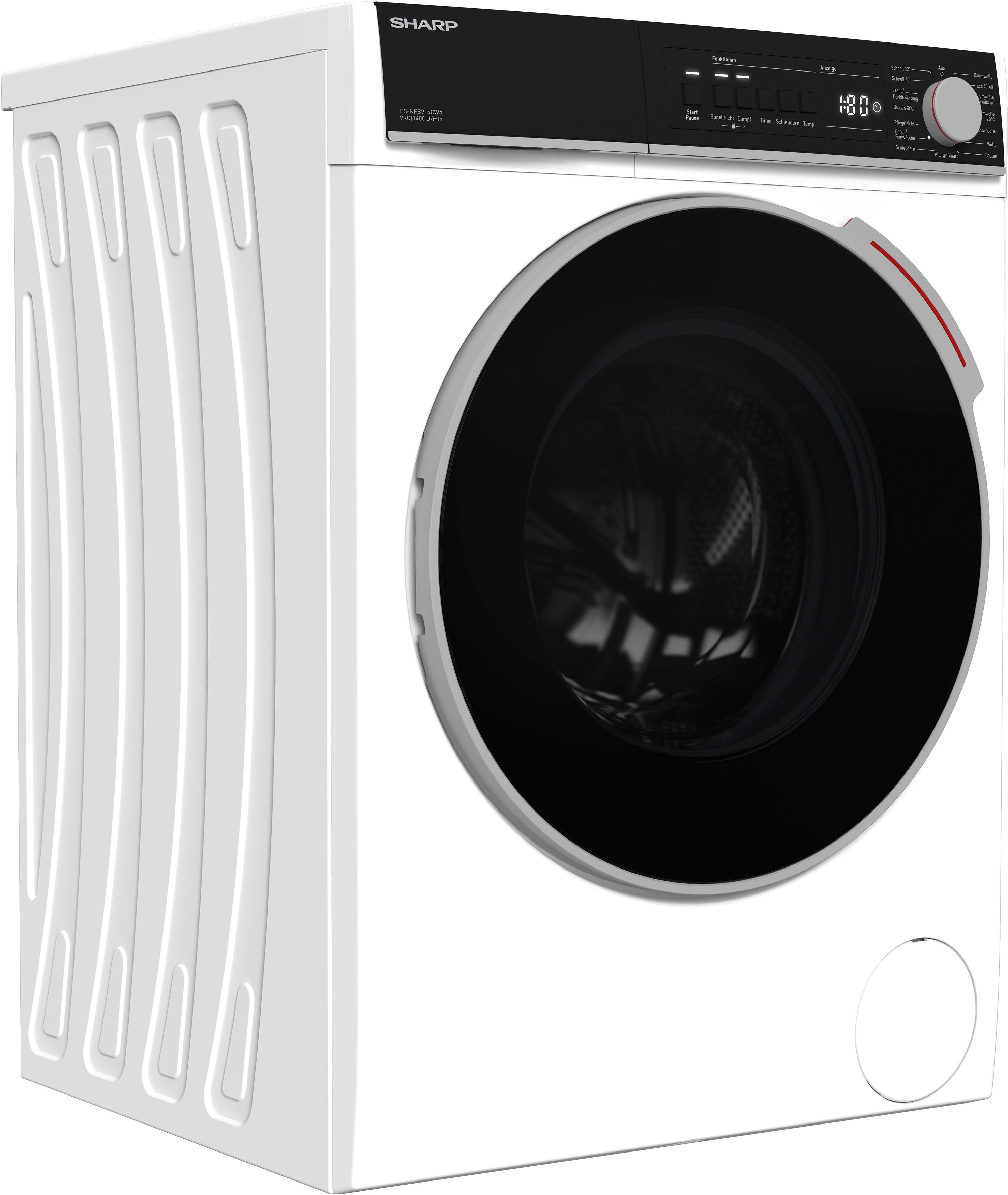 [Schnäppchenangebot] Sharp Waschmaschine ES-NFB914CWA-DE, LED-Display 1400 kg, Programmknebel 9 und mit U/min, SoftTouch-Bedienung