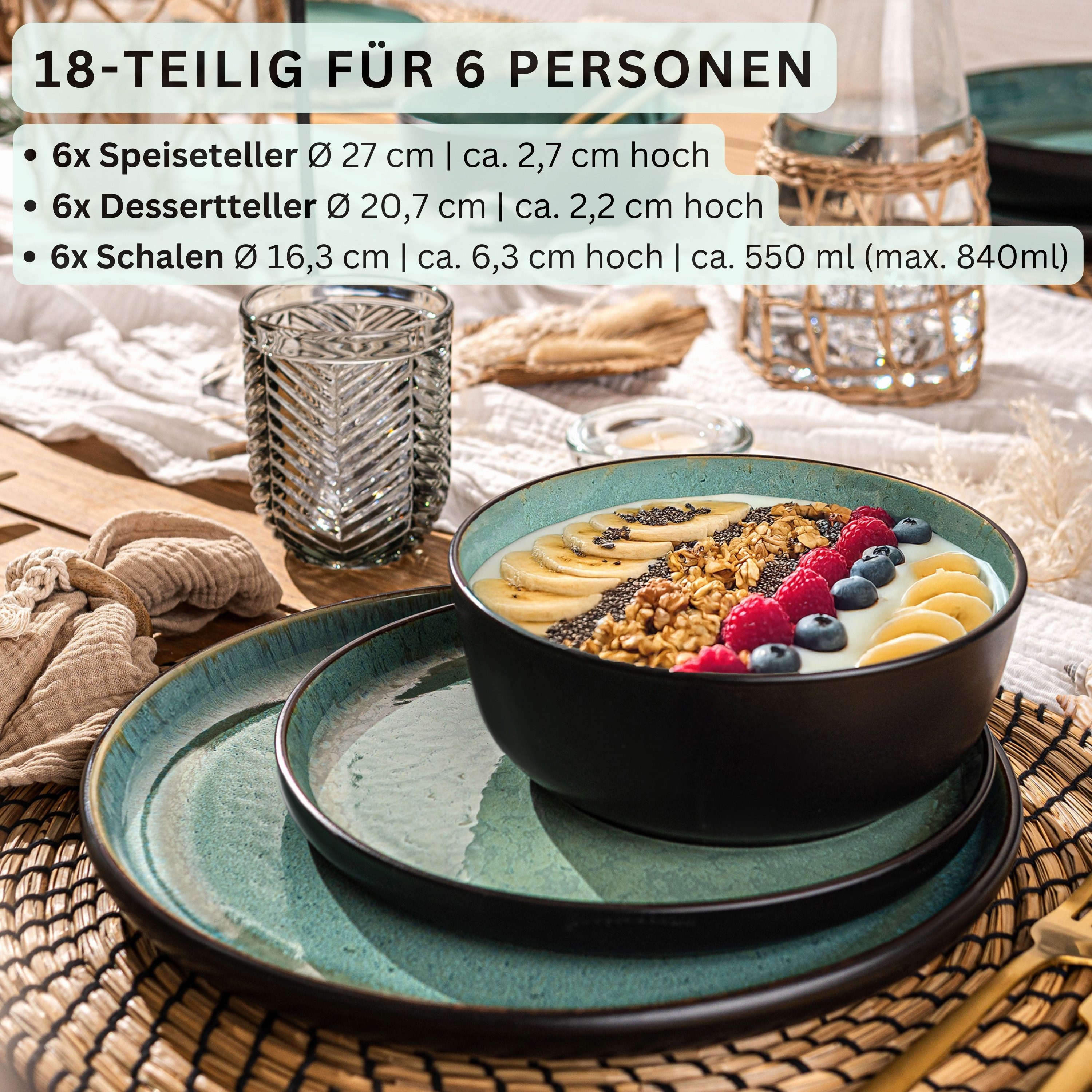 SÄNGER Tafelservice Fiji Geschirrset, Grün Schwarz (18-tlg), 6 Personen, Steingut, Handmade, Erweiterbar, VALUE COLLECTION