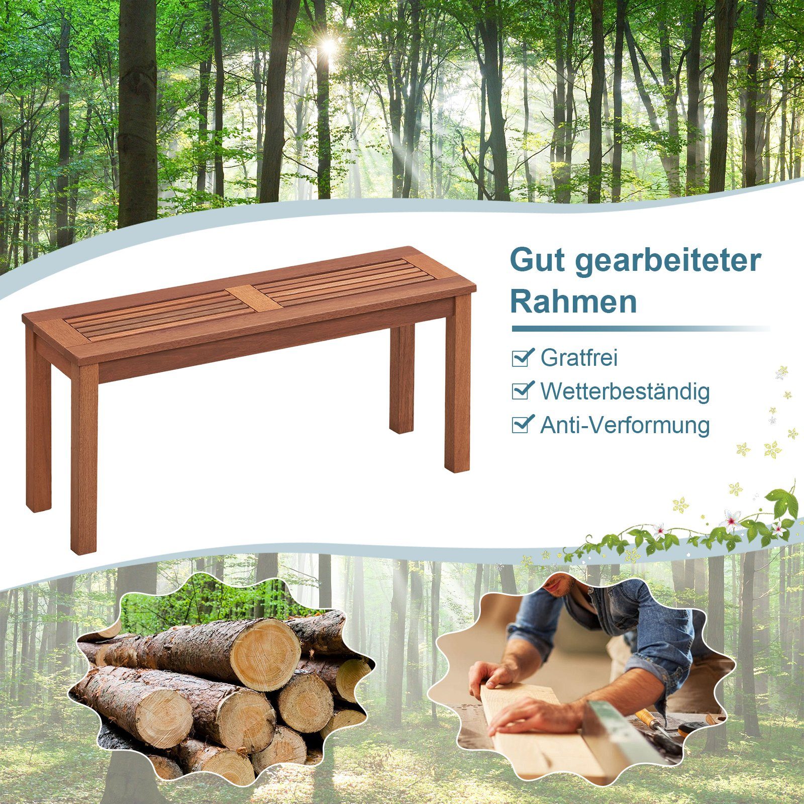 COSTWAY Gartenbank (1-St), wetterfest, 2-Sitzer Massivholz, ohne Rückenlehne, 100cm