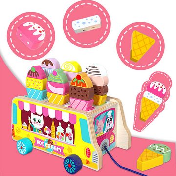 DOPWii Lernspielzeug Hölzernes Eiswagen-Spielzeug für Kleinkinder, 28-teiliges magnetisches Eiscreme-Spielzeug