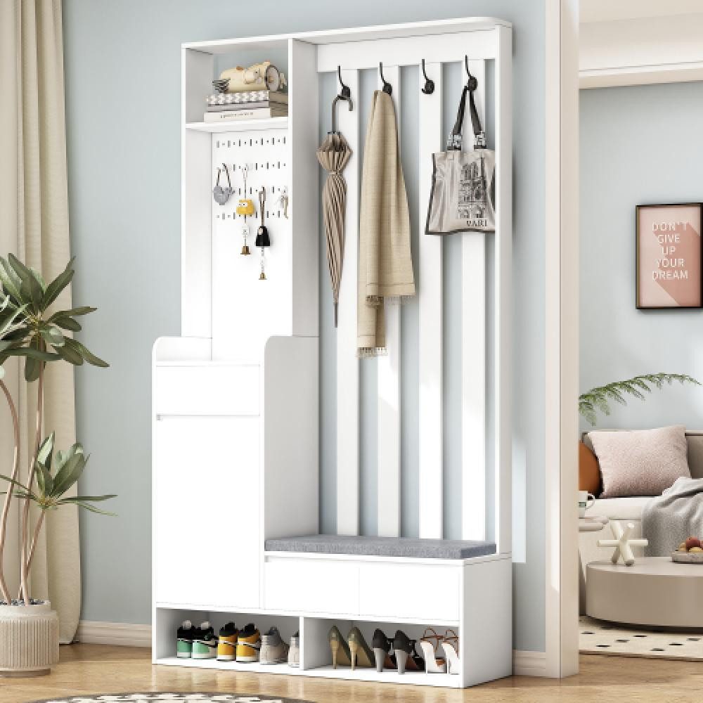 BBWL Garderobenschrank Flurgarderobe mit Sitzbank und Schuhschrank Dielenbaum mit Stecktafel & 4 Haken, MDF Garderobe 180x100x35 cm