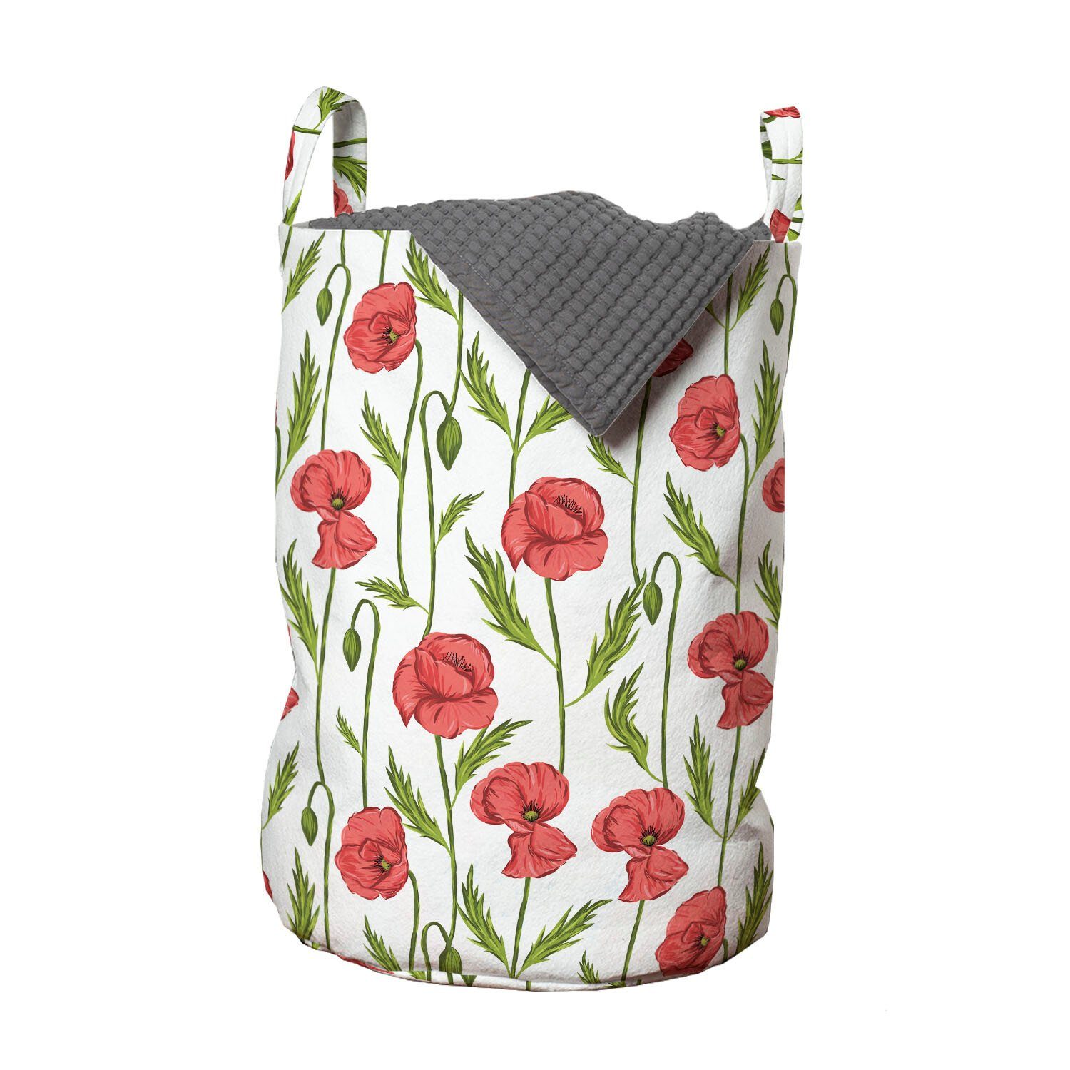 Abakuhaus Wäschesäckchen Wäschekorb mit Griffen Kordelzugverschluss für Waschsalons, Blumen Vertikale Mohnblumen-Blumen-Streifen