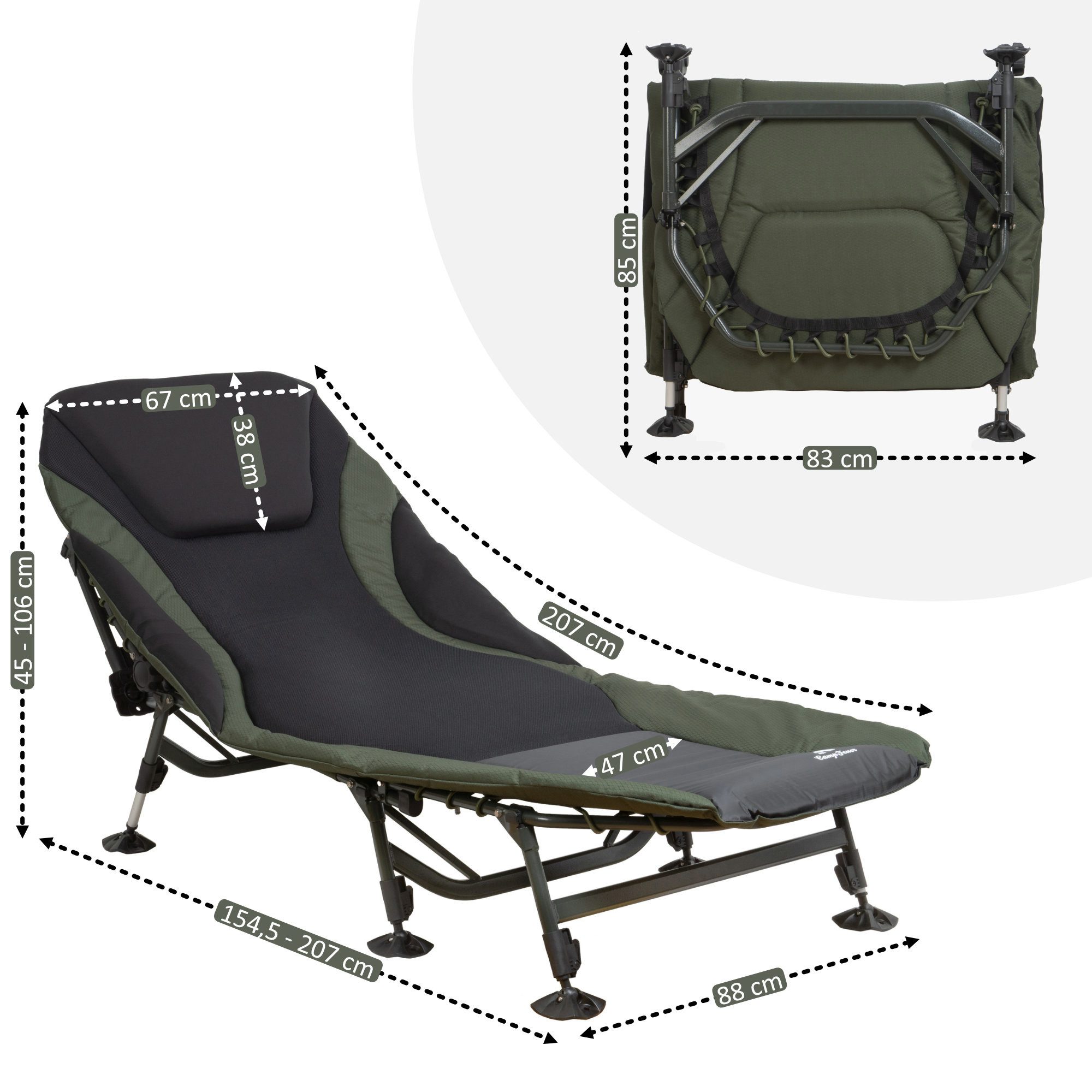 CampFeuer Angelliege Karpfenliege XXL, 207 x 88 x 30-106 cm, Campingliege, faltbar (1-St) Einfach auf- und abzubauen