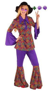 Karneval-Klamotten Hippie-Kostüm Damenkostüm 60er Jahre mit Hippie Brille groß, Retro Anzug lila-bunt mit Kragen, Hippie-Hemd, Schlaghose und flieder Brille