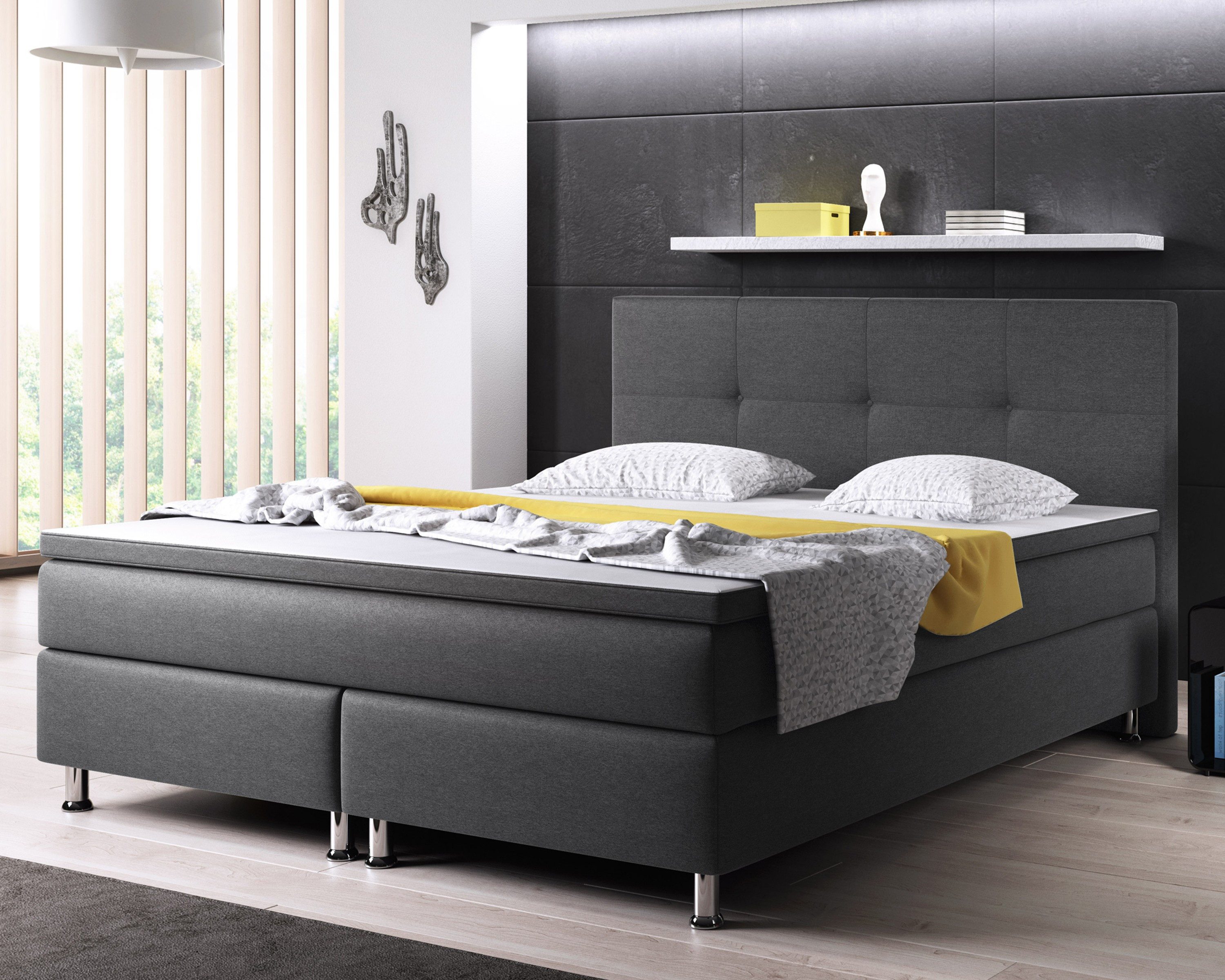 inter Boxspringbett Dallas 140x200 cm Webstoff (Anthrazit), inkl. Topper und Matratze