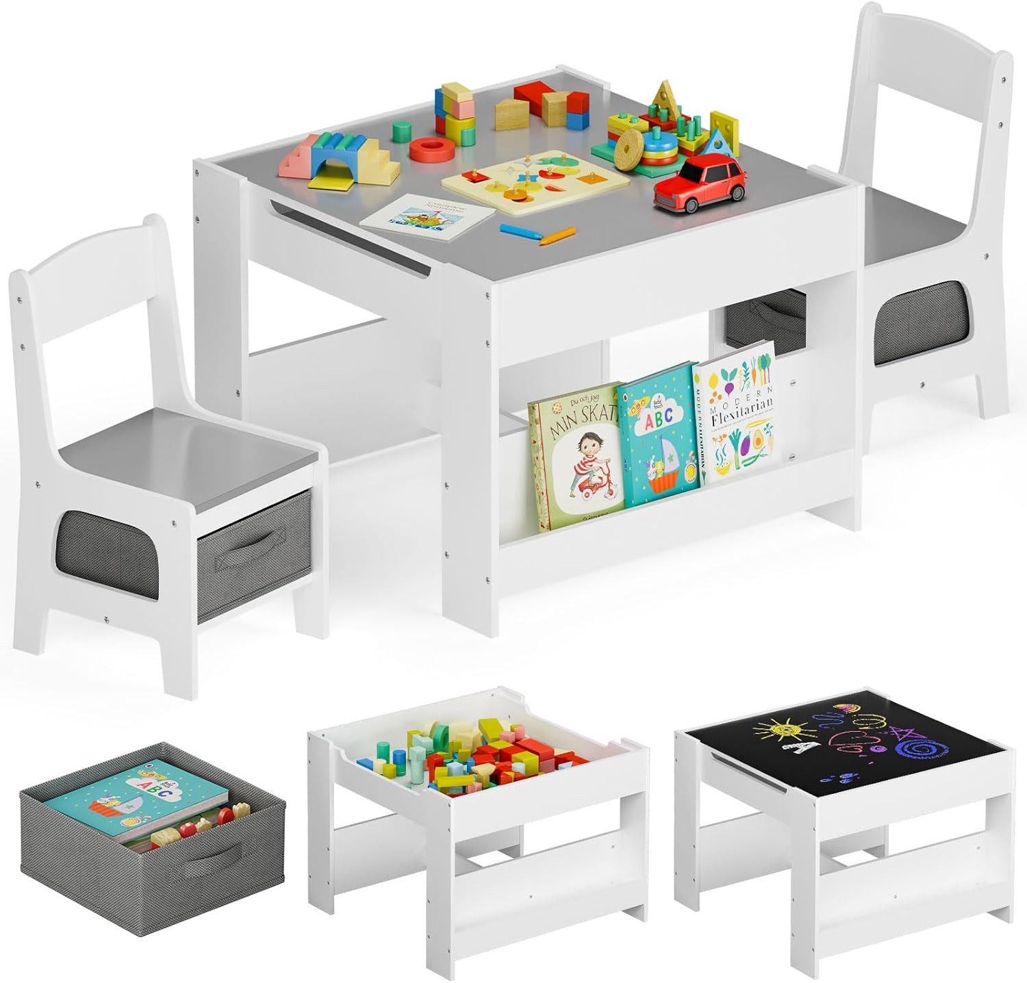 TLGREEN Kindersitzgruppe 3-in-1 Multifunktional mit Whiteboard & Kreidetafel, (Maltisch & Schreibtisch mit Großen Stauraum & Buchständer, Spieltisch für Lego Kinderzimmer), Klappbar, Sicher, für Jungen Mädchen ab 3-6 Jahren