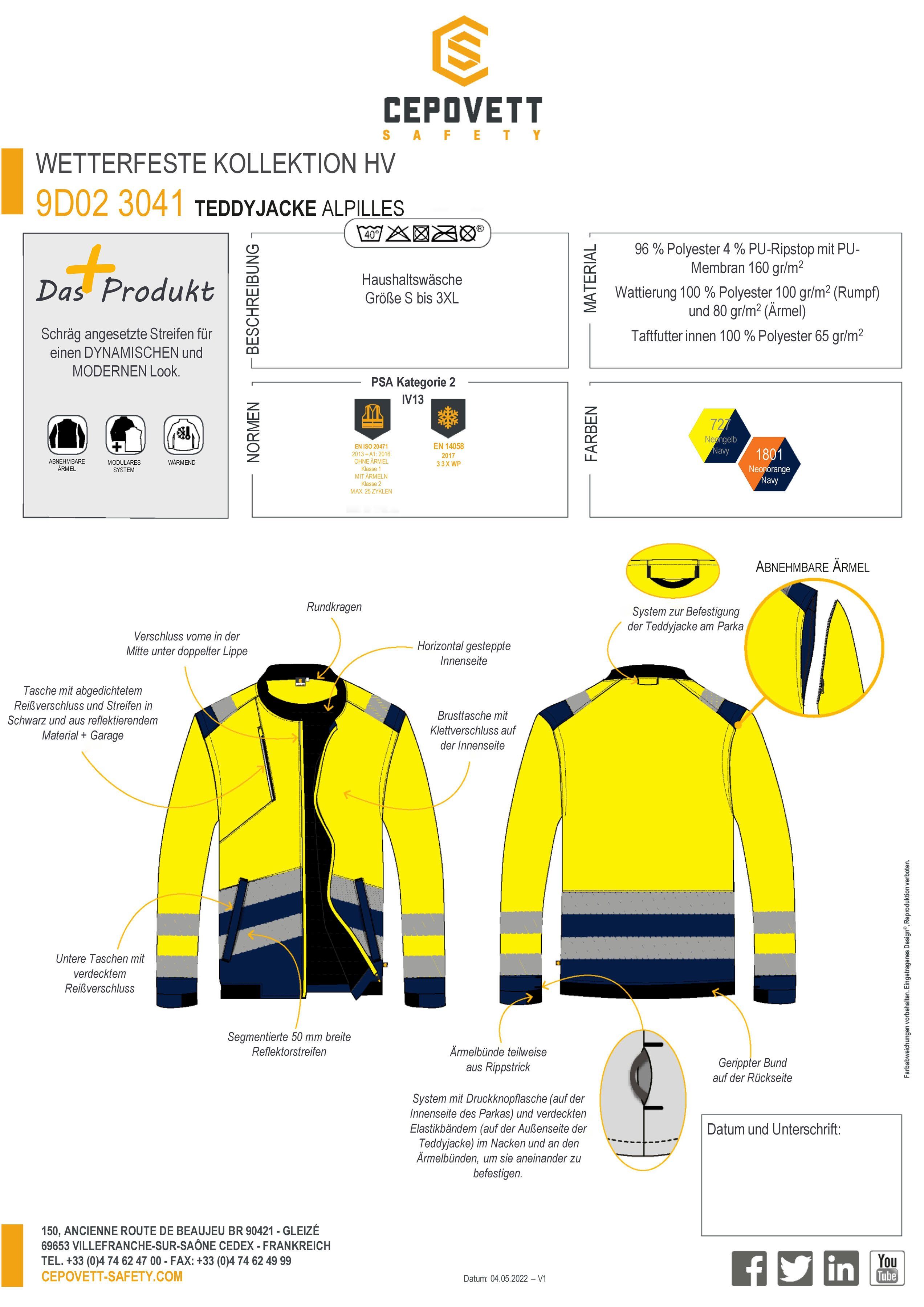 Cepovett Arbeitsjacke Unisex Hochsichtbare Teddy-Jacke 3XL, S FLUO Gr. NAVY GELB - PU-Membrane / Warnschutz, "Alpilles"