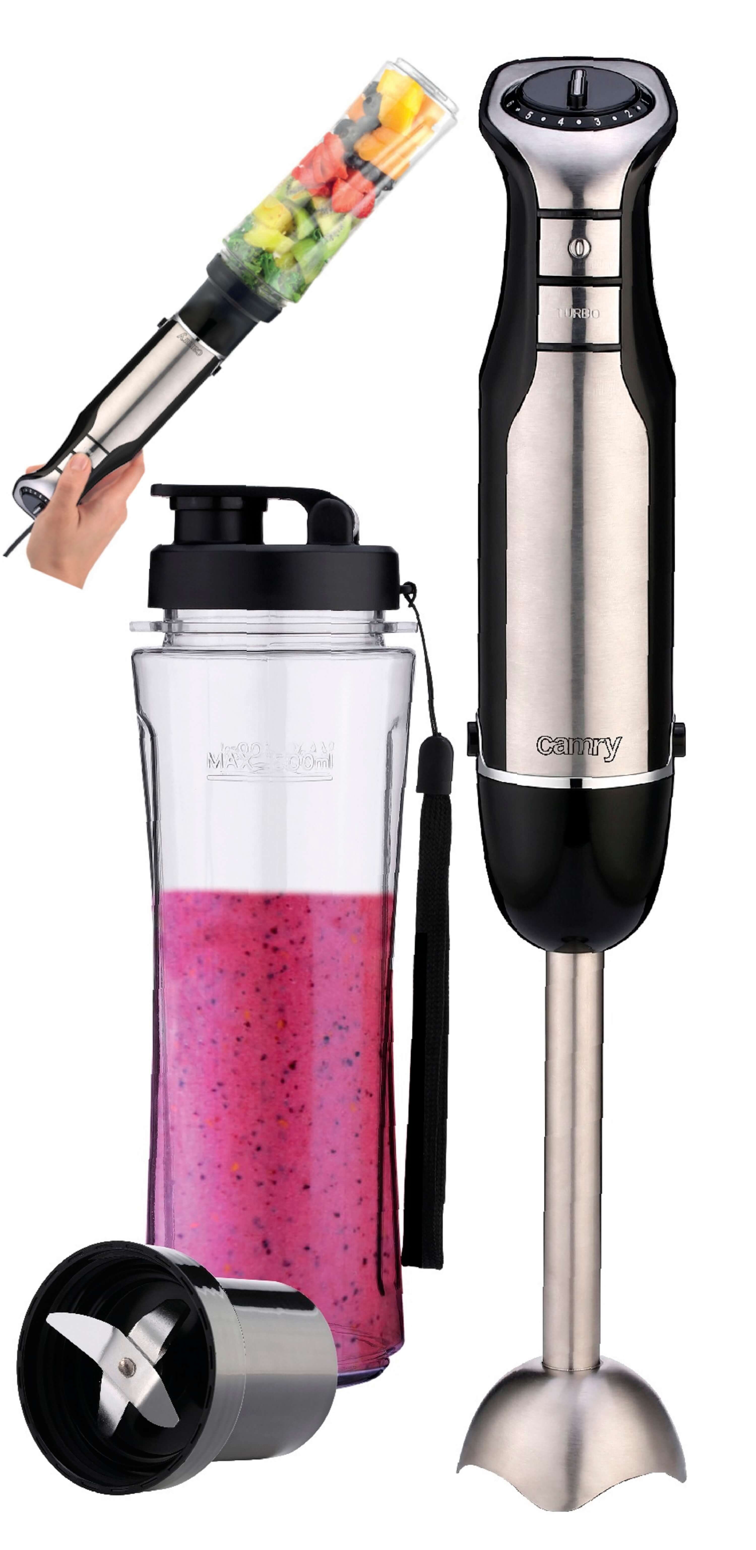Camry Stabmixer Edelstahl Mixer Set CR-4615, 700 W, DC-Motor, Abnehmbarer Pürierstab, 500 ml To Go Becher