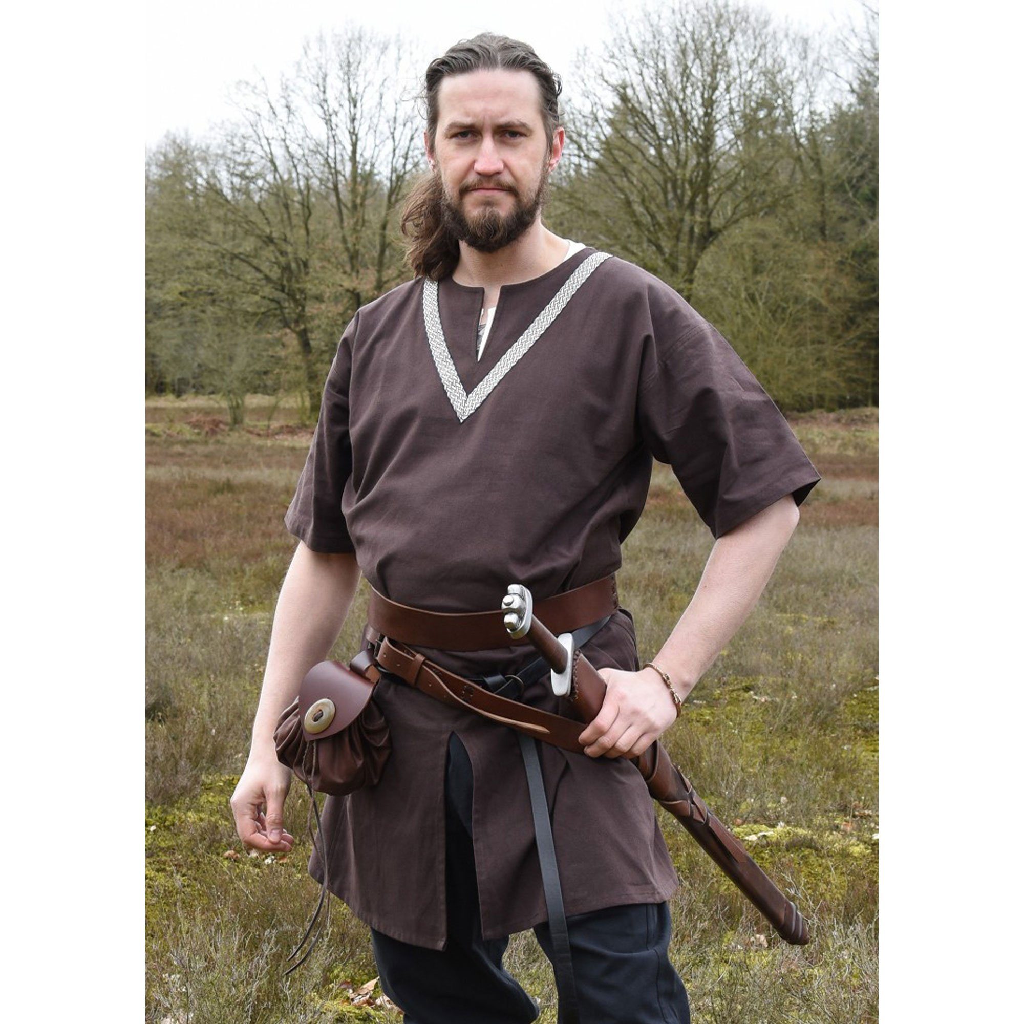 Wikinger-Kostüm Mittelalter-Tunika Ailrik mit Bordüre, kurzarm, braun M