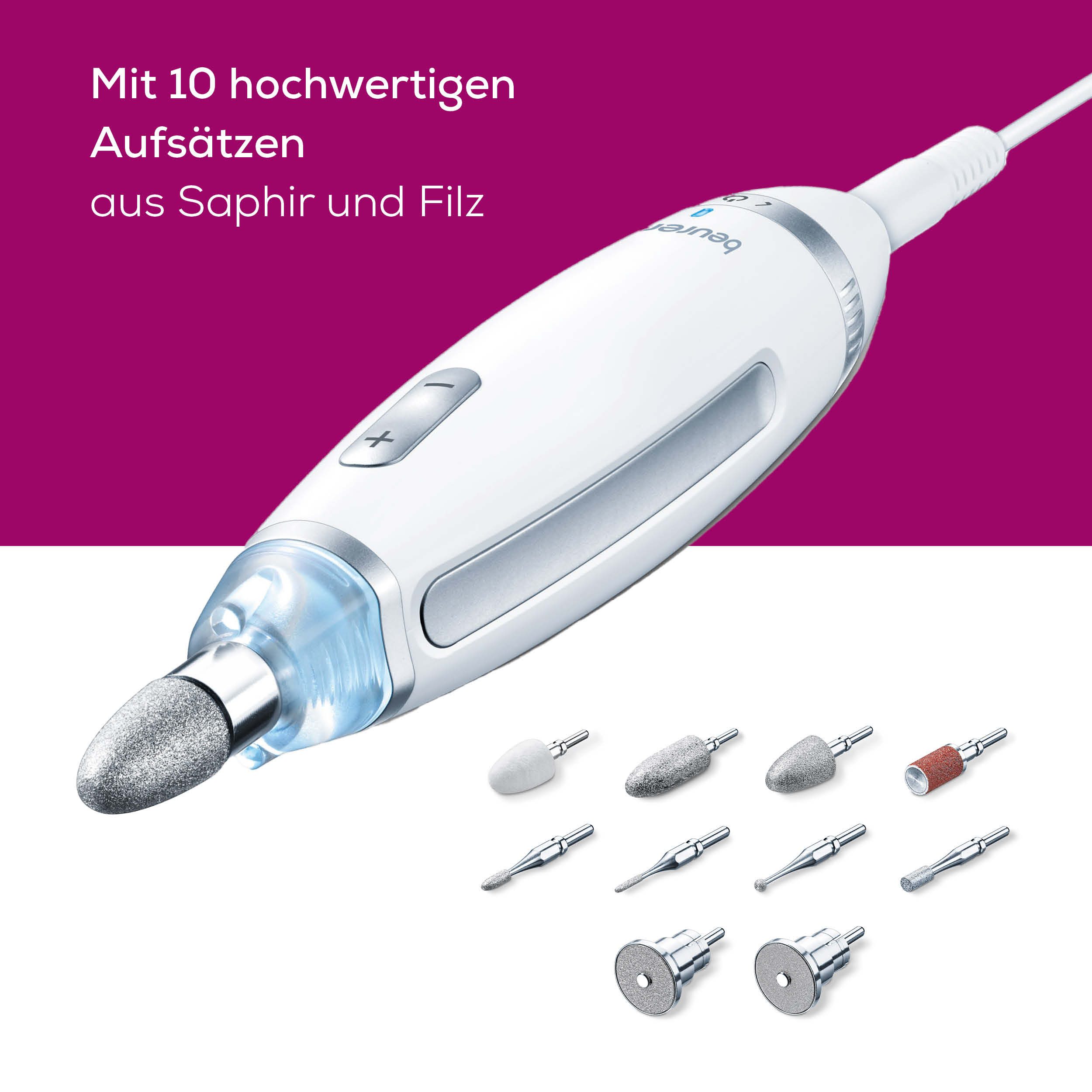 BEURER Maniküre-Pediküre-Set MP 62 elektrische Nagelfeile für Maniküre und Pediküre zuhause, Mit 10 Aufsätzen, LED-Licht und Aufbewahrungstasche