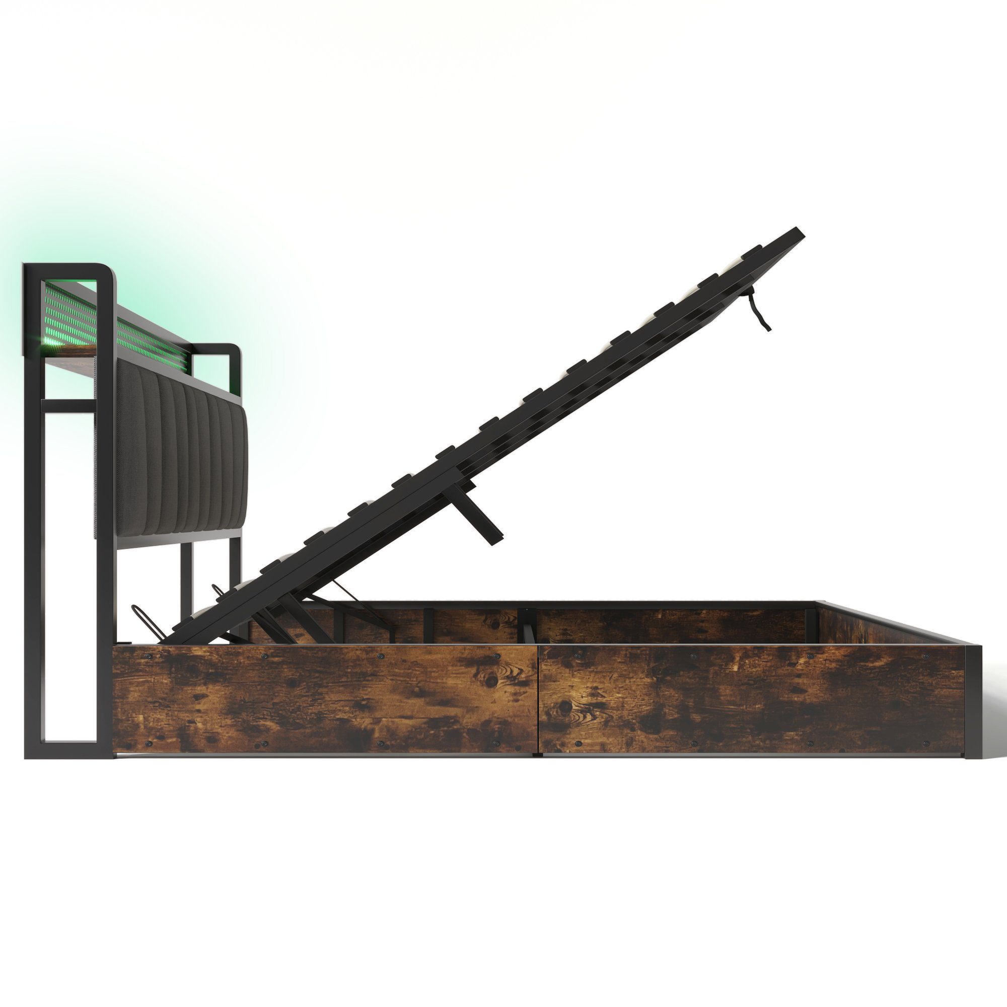 Polsterbett (LED Metallbett Doppelbett), hydraulisches Stauraumbett mit Ladefunktion und Lattenrost, 160x200cm
