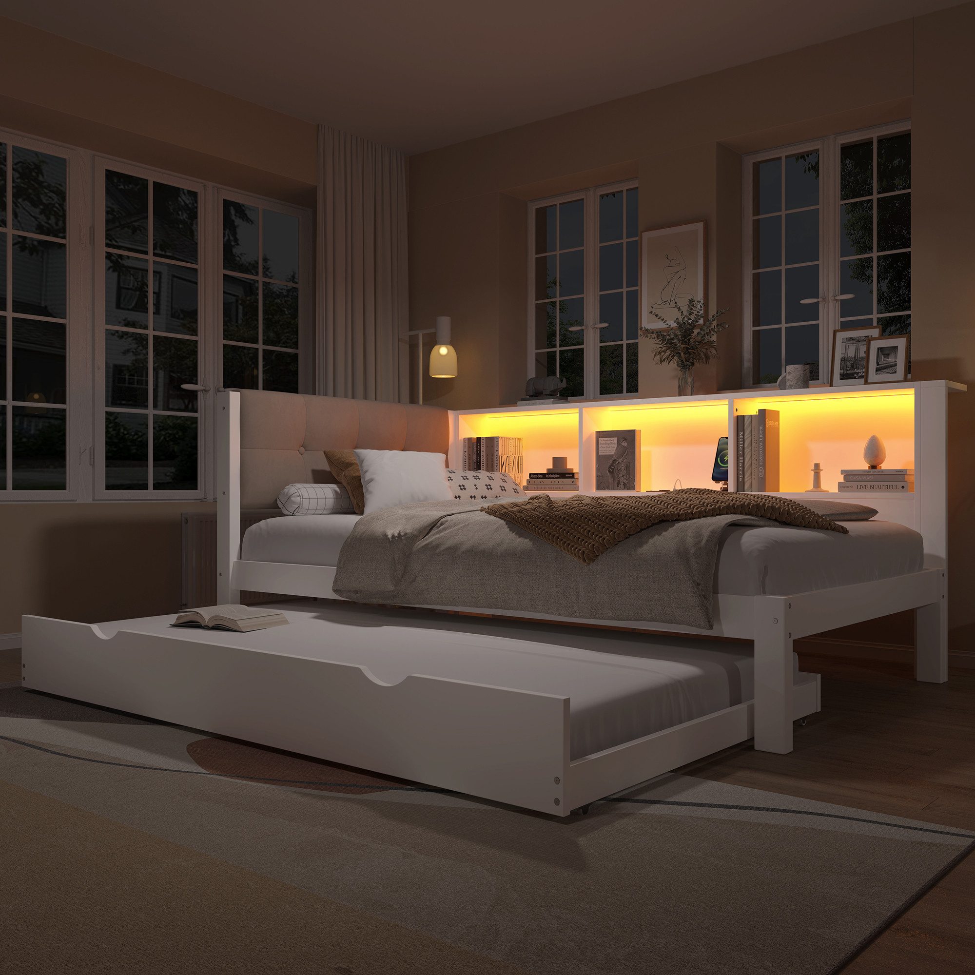 Odikalo Stauraumbett Daybett Tagesbett Ausziehbett Schlafsofa Polsterbett mit USB 90x200cm
